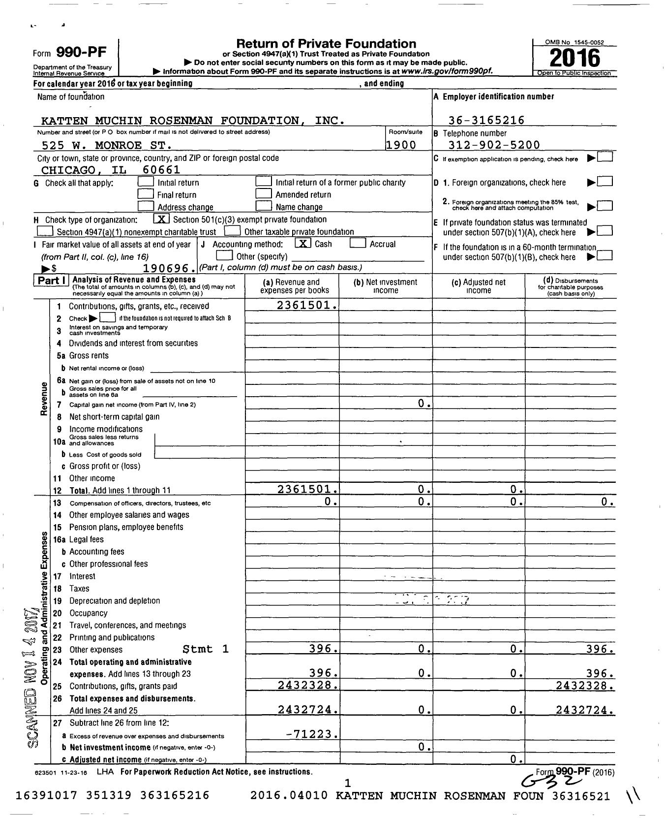 Image of first page of 2016 Form 990PF for Katten Muchin Rosenman Foundation