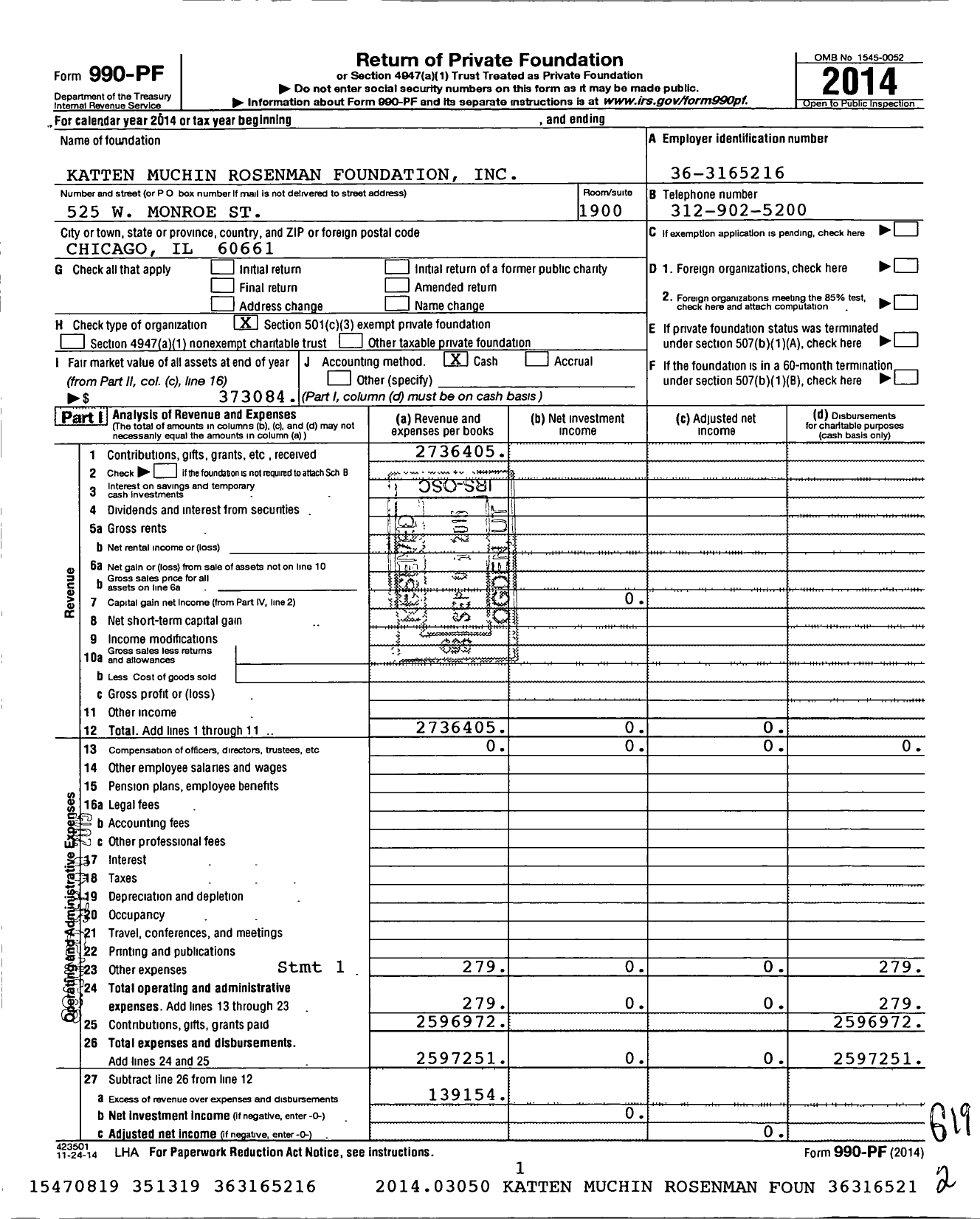 Image of first page of 2014 Form 990PF for Katten Muchin Rosenman Foundation