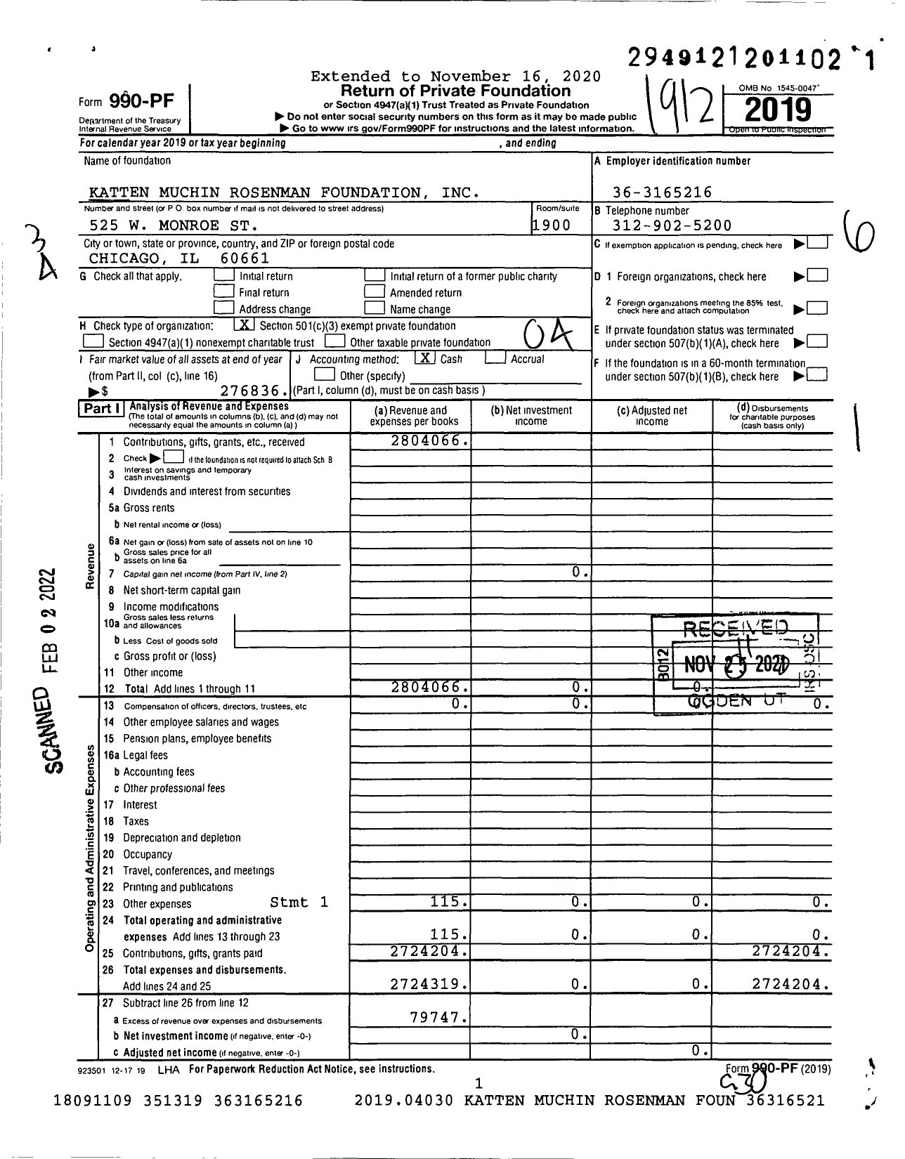 Image of first page of 2019 Form 990PF for Katten Muchin Rosenman Foundation