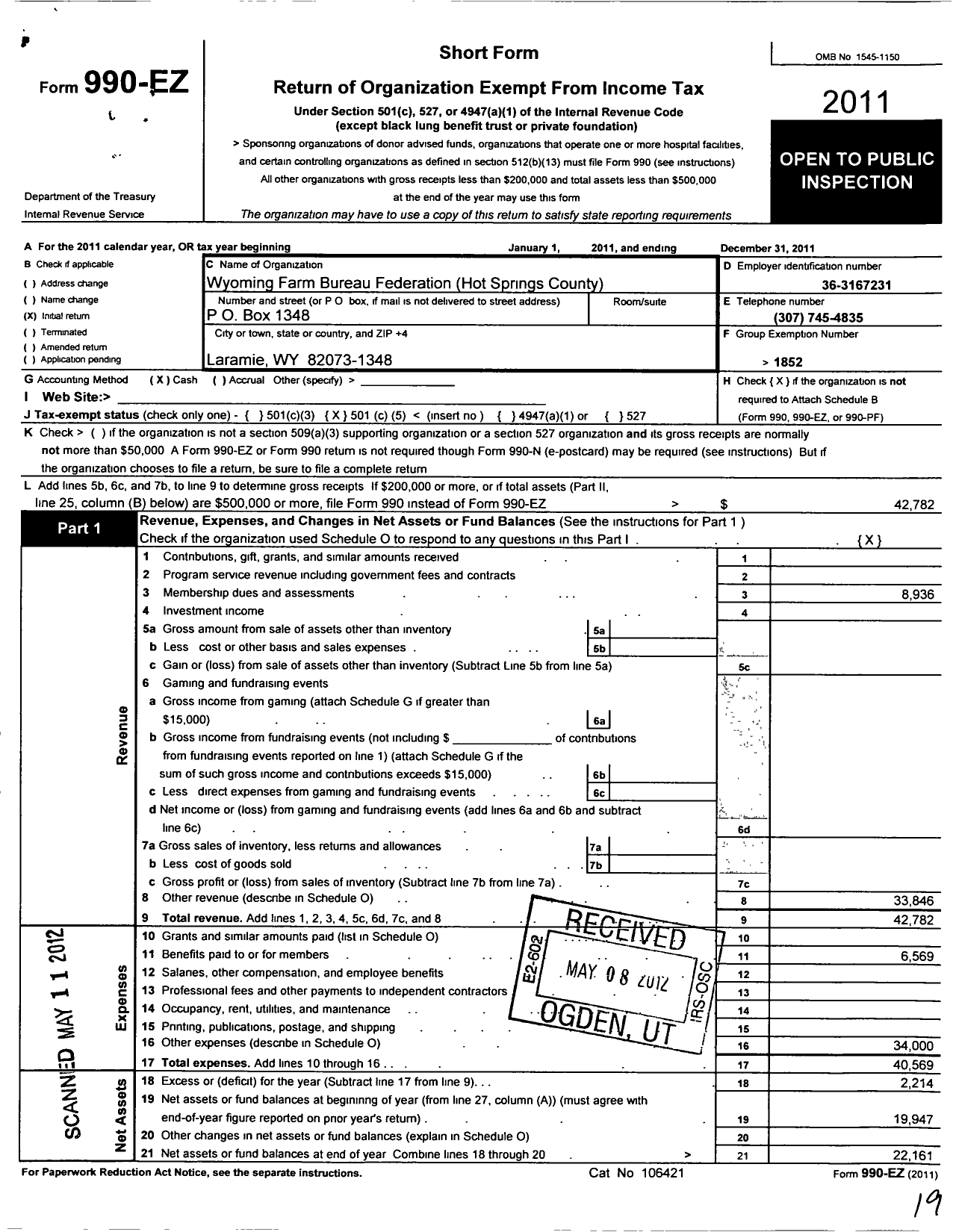 Image of first page of 2011 Form 990EO for Wyoming Farm Bureau Federation / Hot Springs County