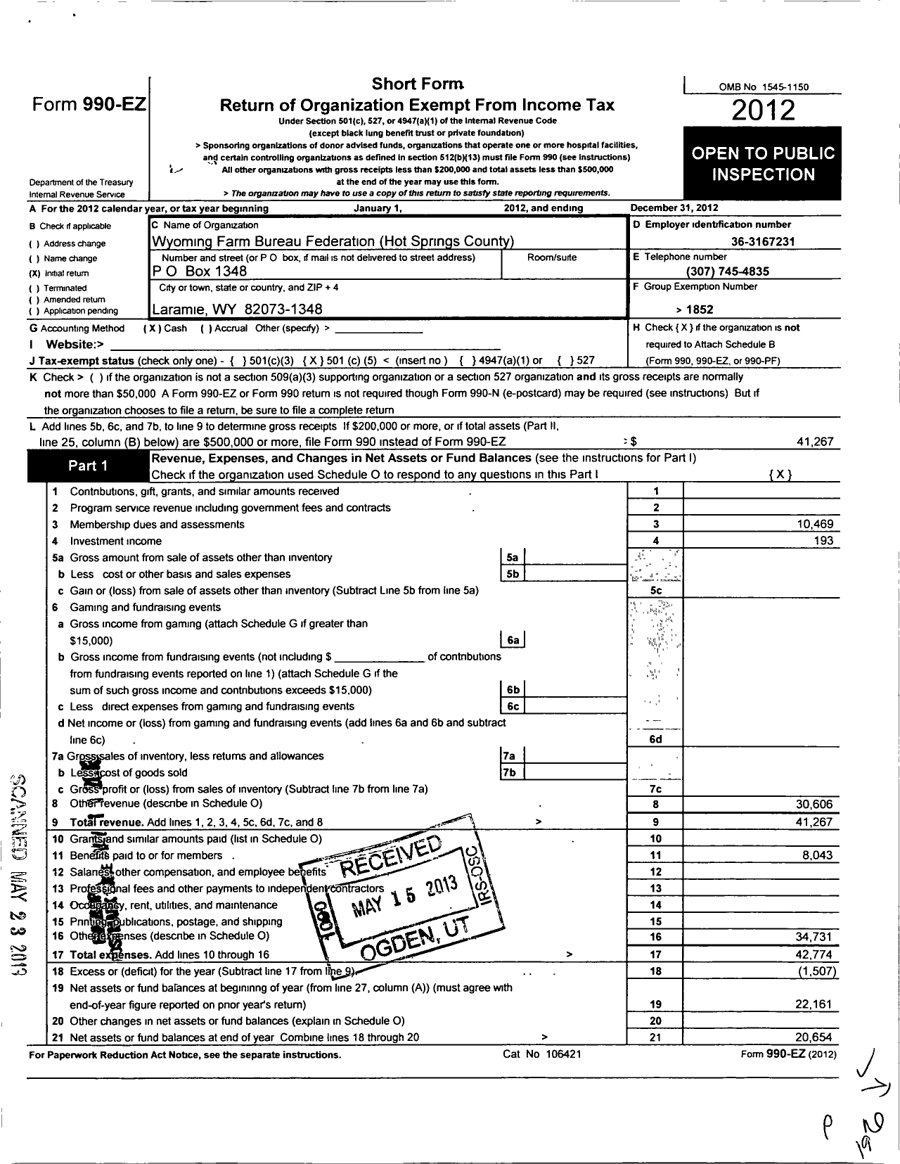 Image of first page of 2012 Form 990EO for Wyoming Farm Bureau Federation / Hot Springs County