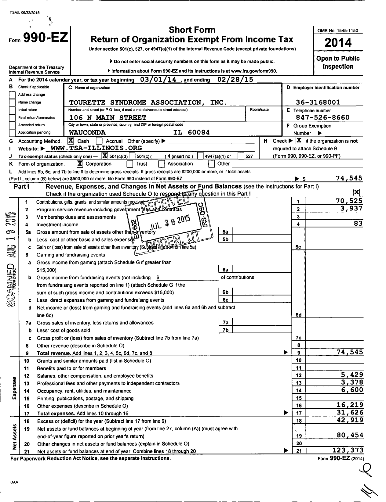 Image of first page of 2014 Form 990EZ for Tourette Association of America / Illinois Chapter