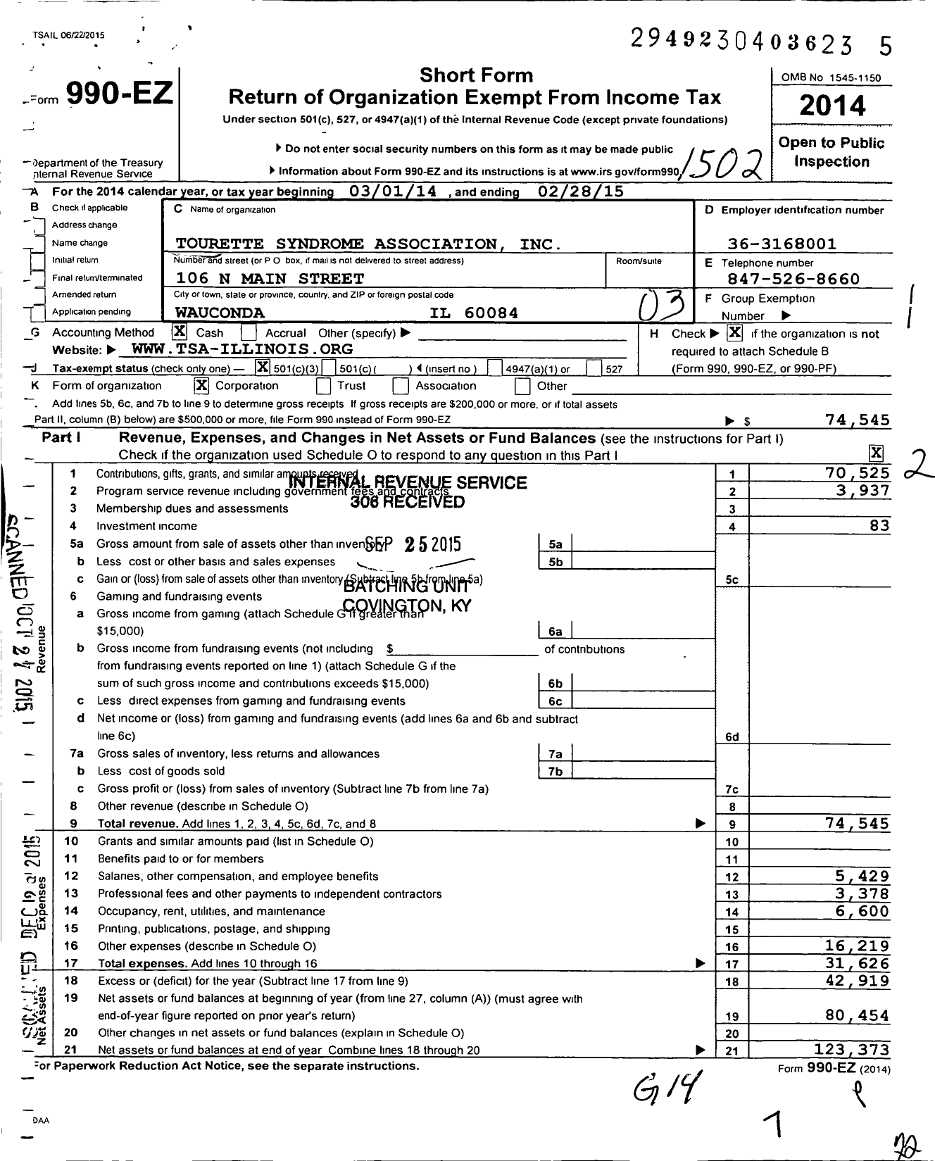 Image of first page of 2014 Form 990EZ for Tourette Association of America / Illinois Chapter