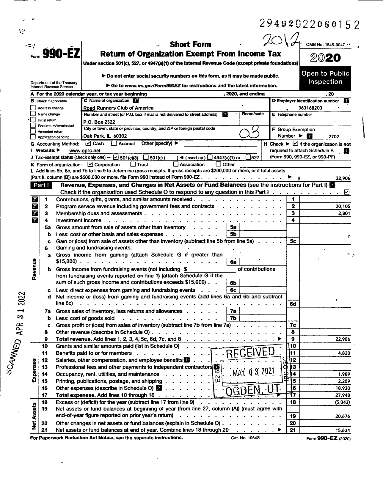 Image of first page of 2020 Form 990EZ for Road Runners Club of America