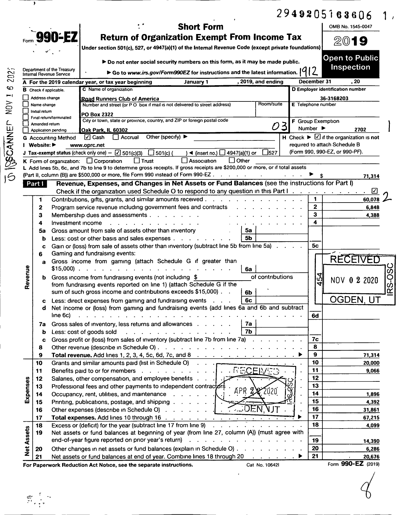 Image of first page of 2019 Form 990EZ for Road Runners Club of America