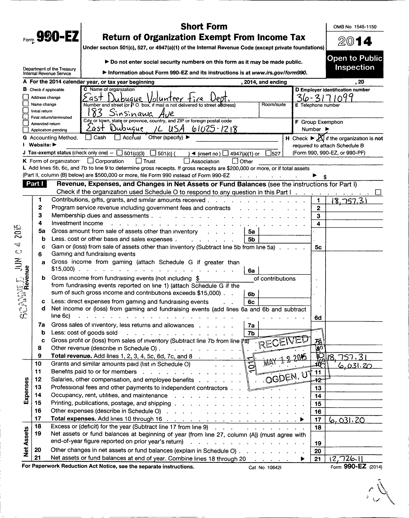 Image of first page of 2014 Form 990EO for East Dubuque Volunteer Fire Depart- Department