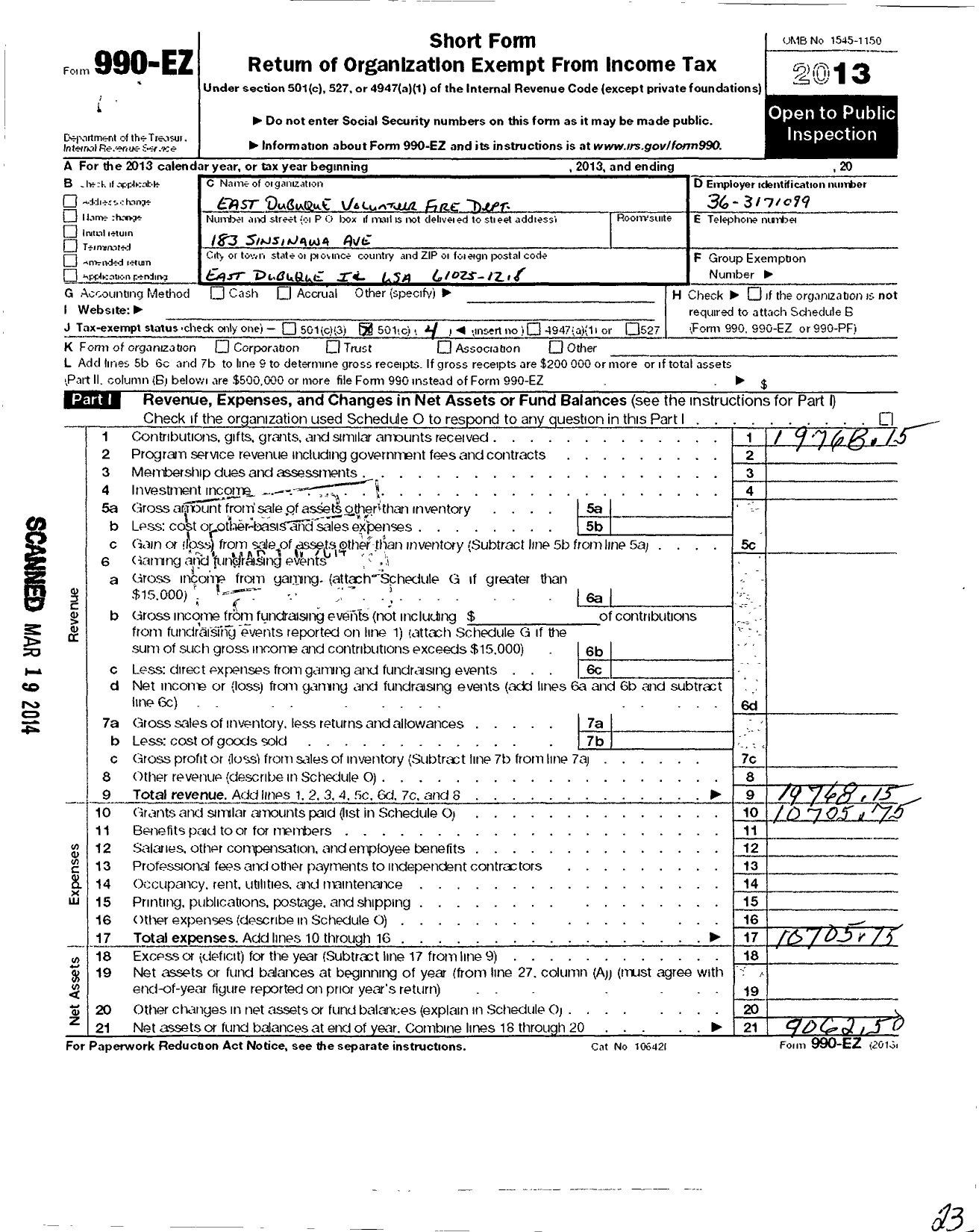 Image of first page of 2013 Form 990EO for East Dubuque Volunteer Fire Depart- Department