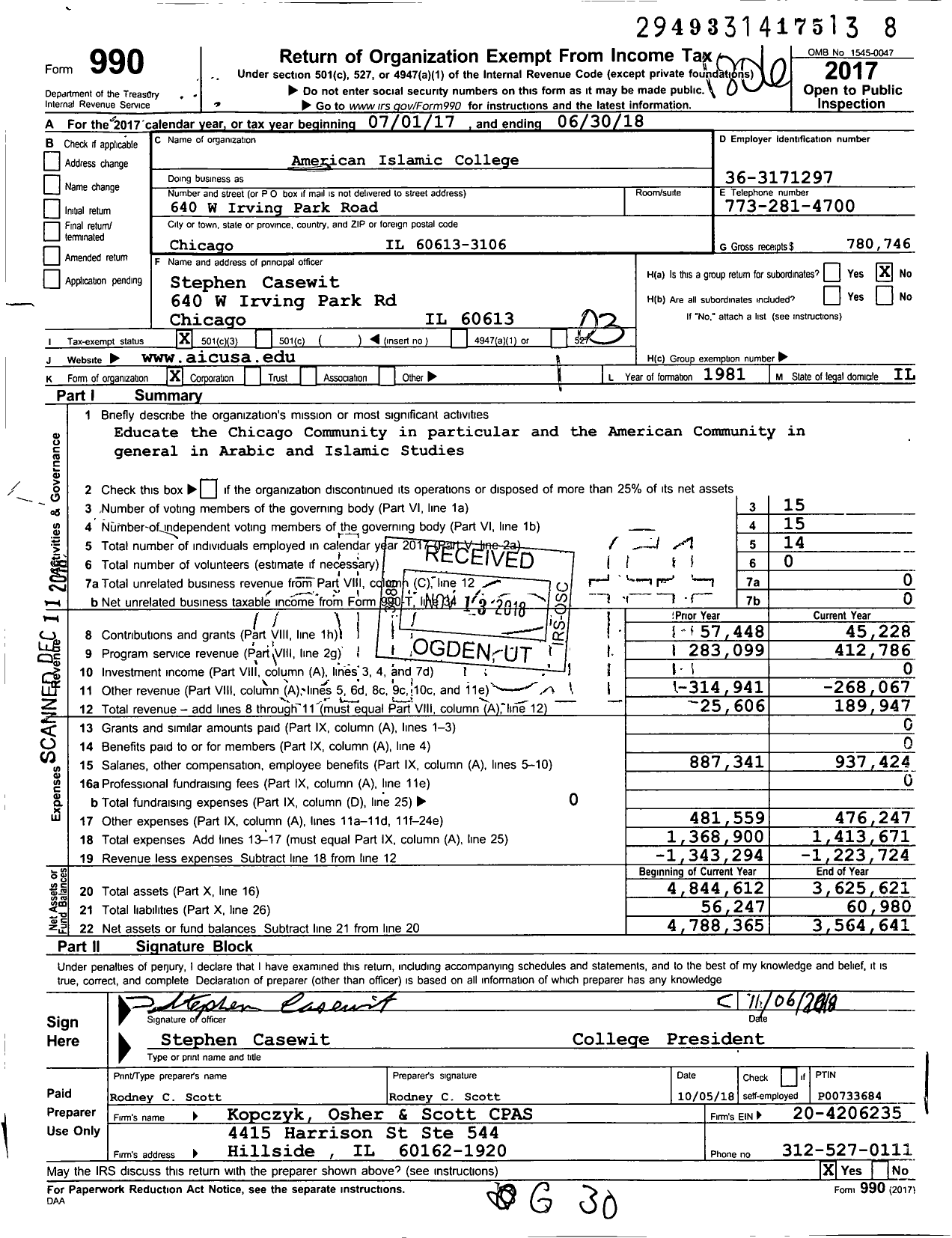 Image of first page of 2017 Form 990 for American Islamic College (AIC)