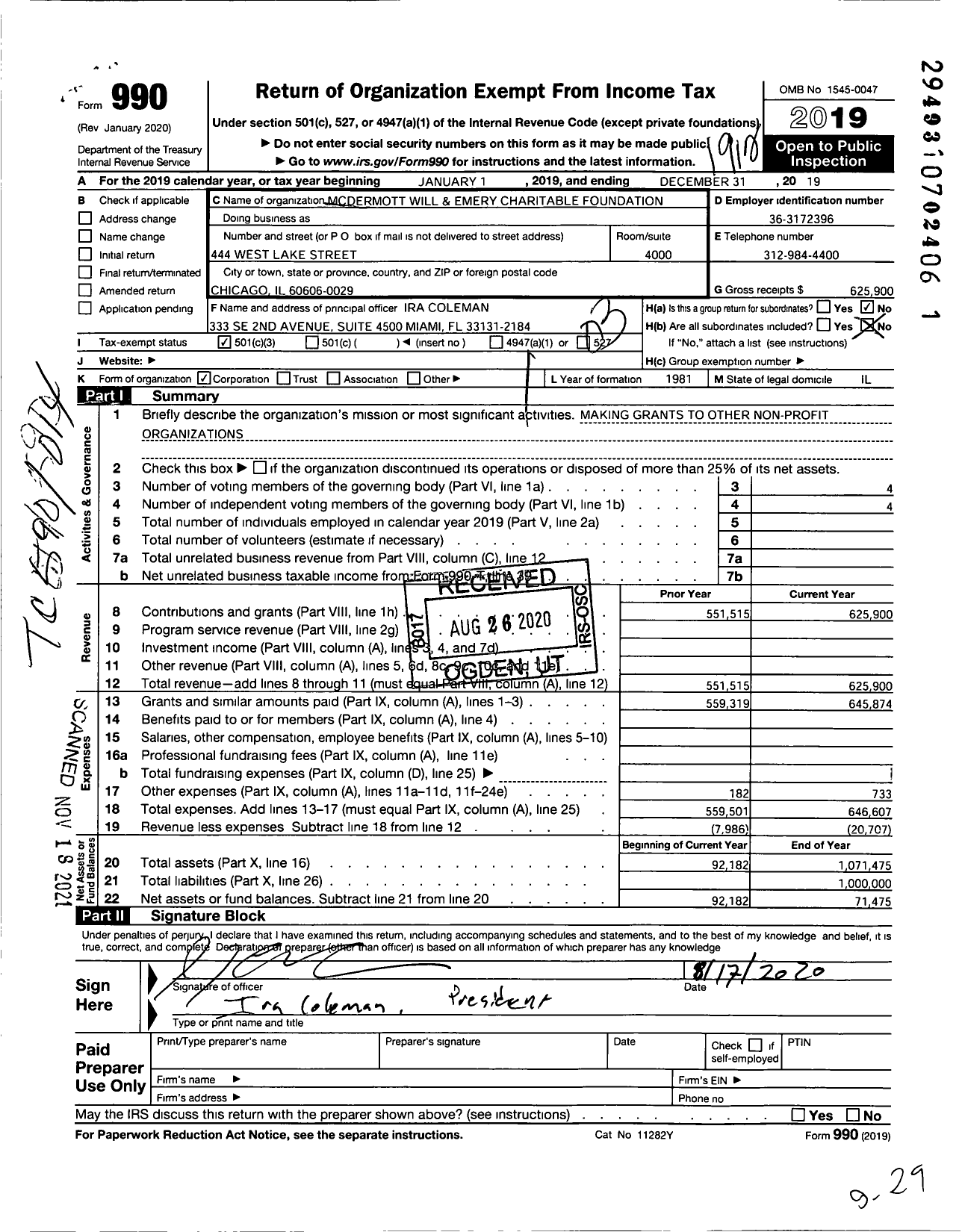 Image of first page of 2019 Form 990 for MC Dermott Will and Emery Charitable Foundation