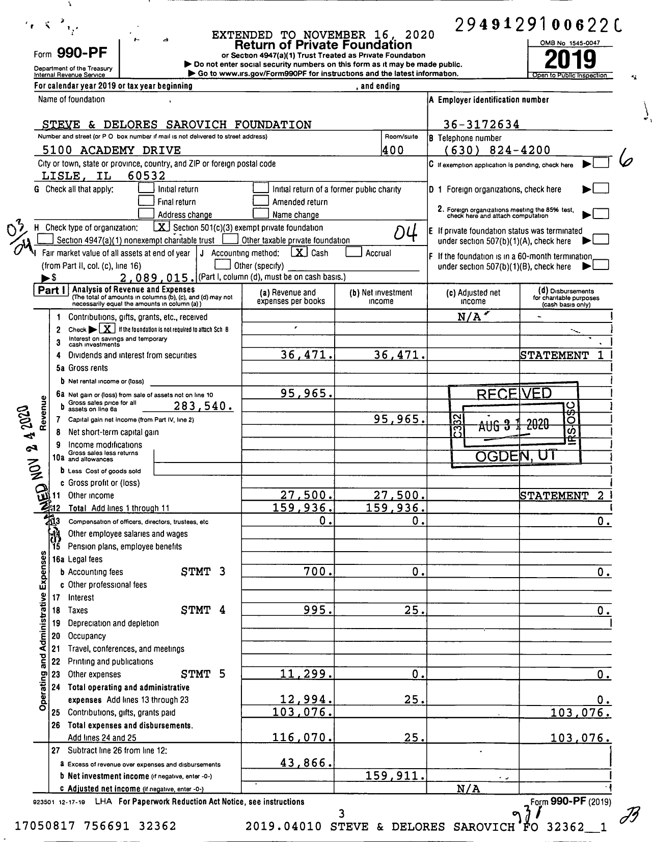 Image of first page of 2019 Form 990PF for Steve and Delores Sarovich Foundation