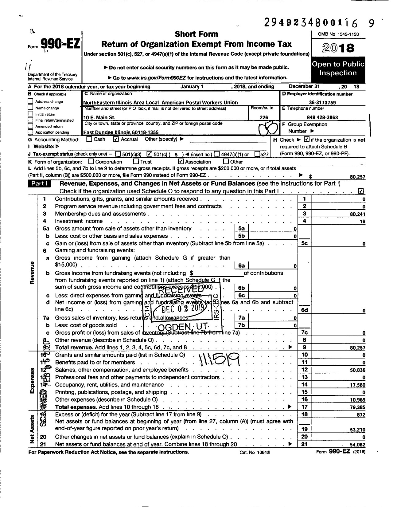 Image of first page of 2018 Form 990EO for American Postal WORKERS UNION - 1879 NorthEastern Illinois Area Loc