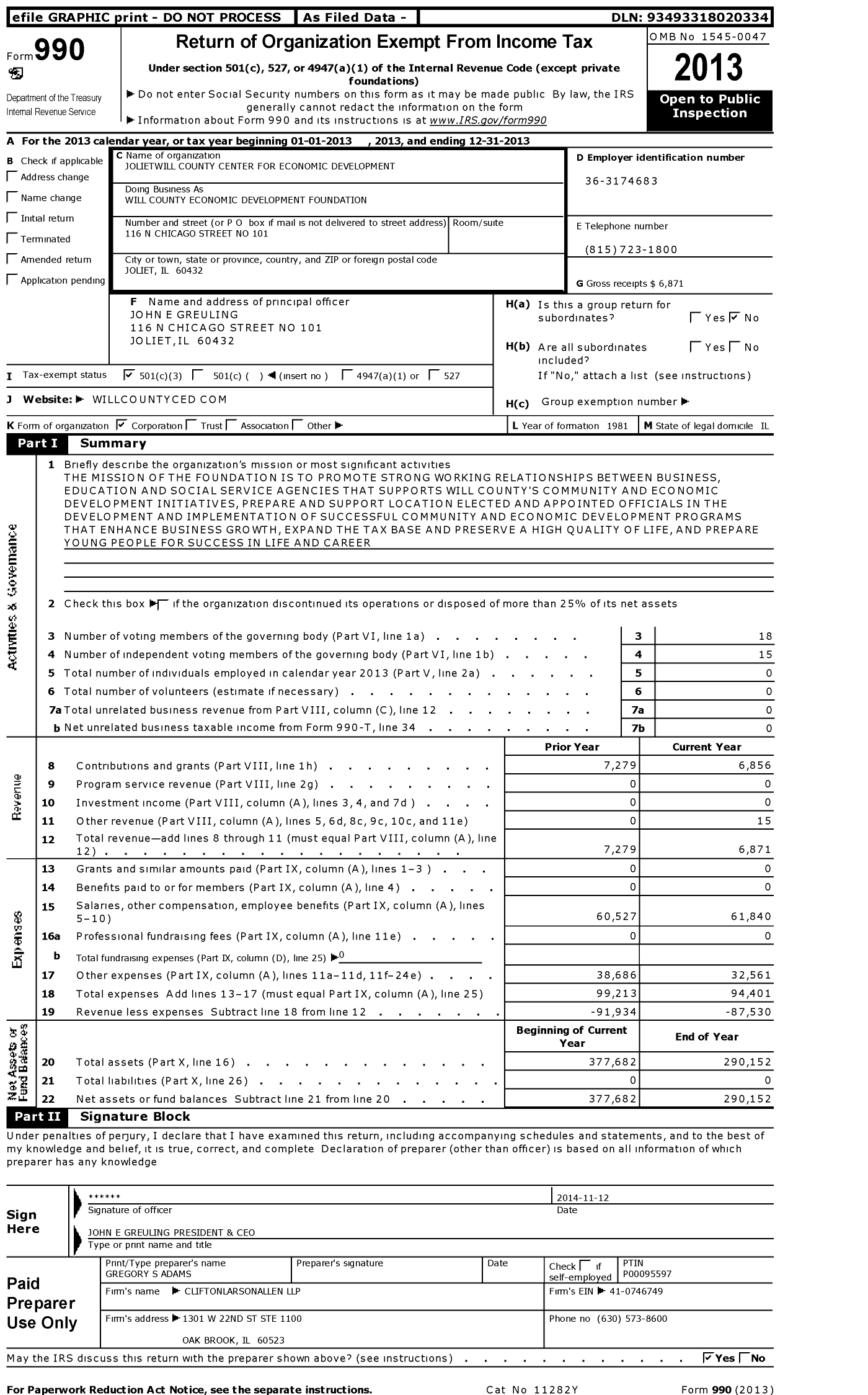 Image of first page of 2013 Form 990 for Jolietwill County Center for Economic Development