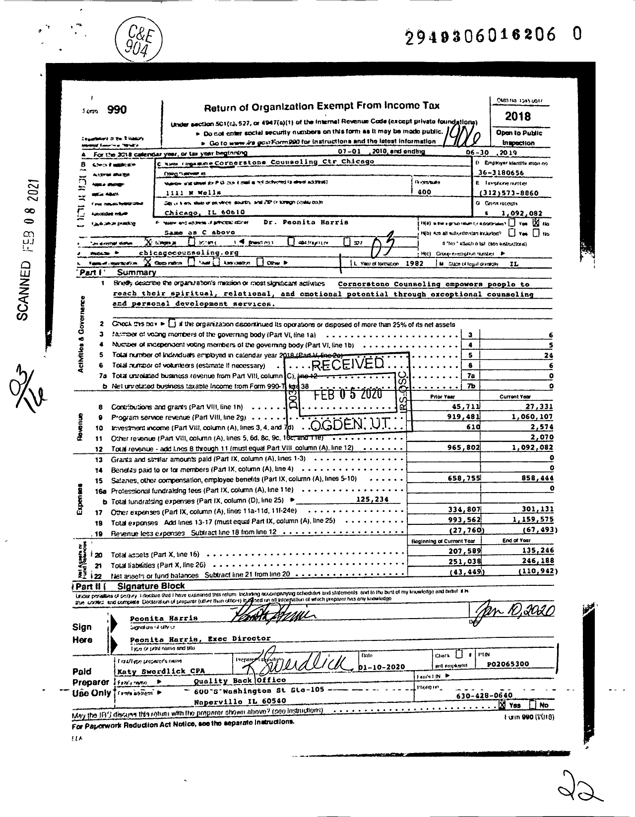 Image of first page of 2018 Form 990 for Cornerstone Counseling Ctr Chicago