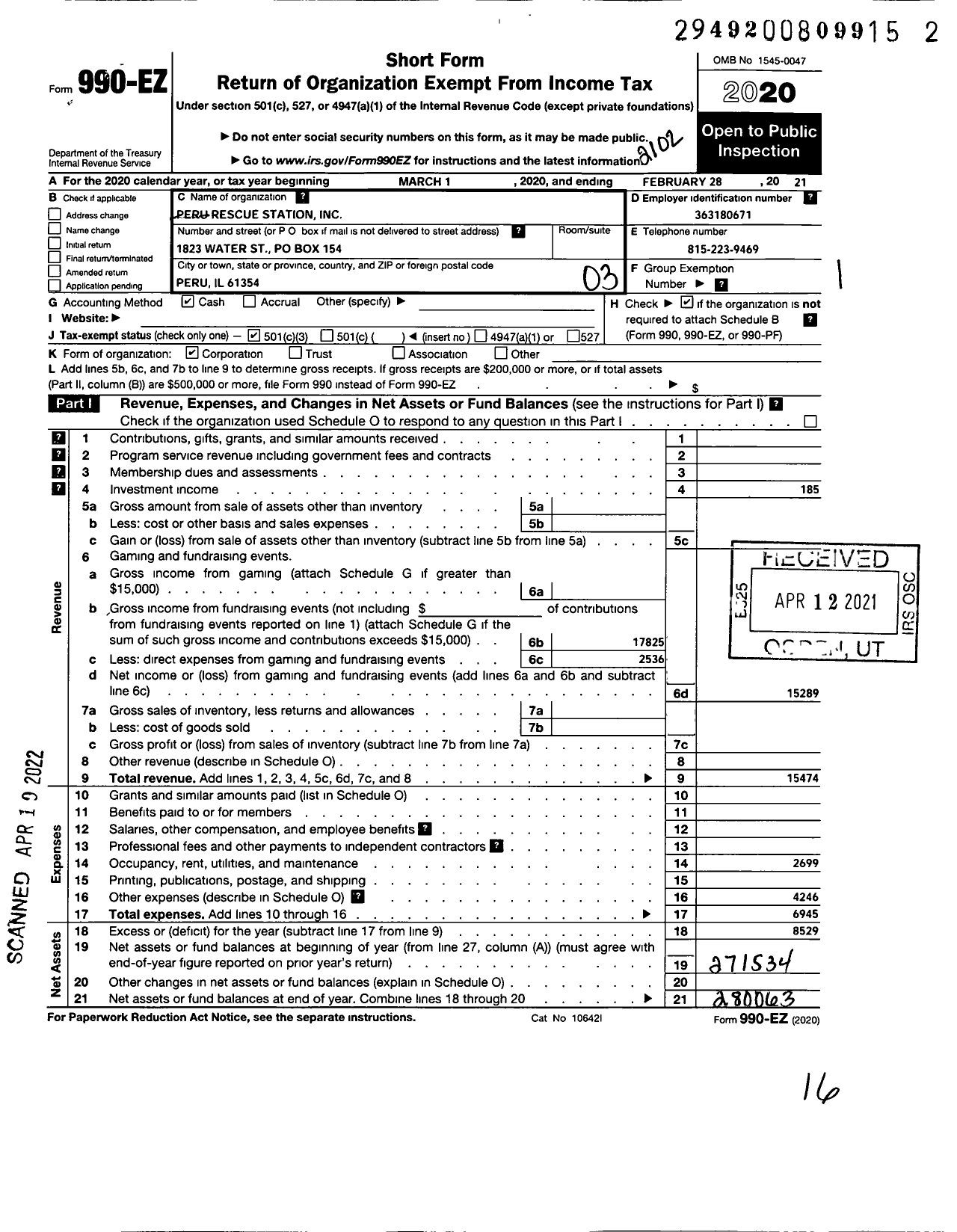 Image of first page of 2020 Form 990EZ for Peru Rescue Station