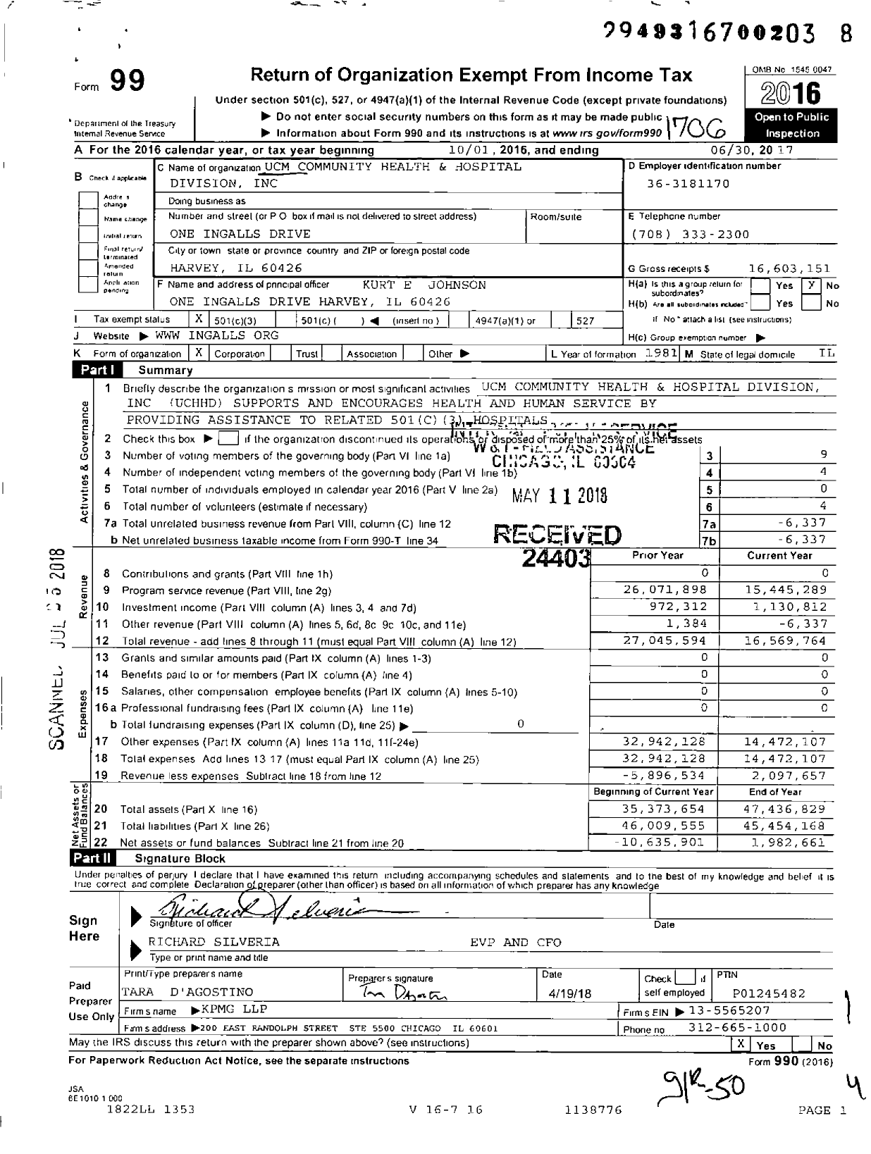 Image of first page of 2016 Form 990 for UCM Community Health and Hospital Division