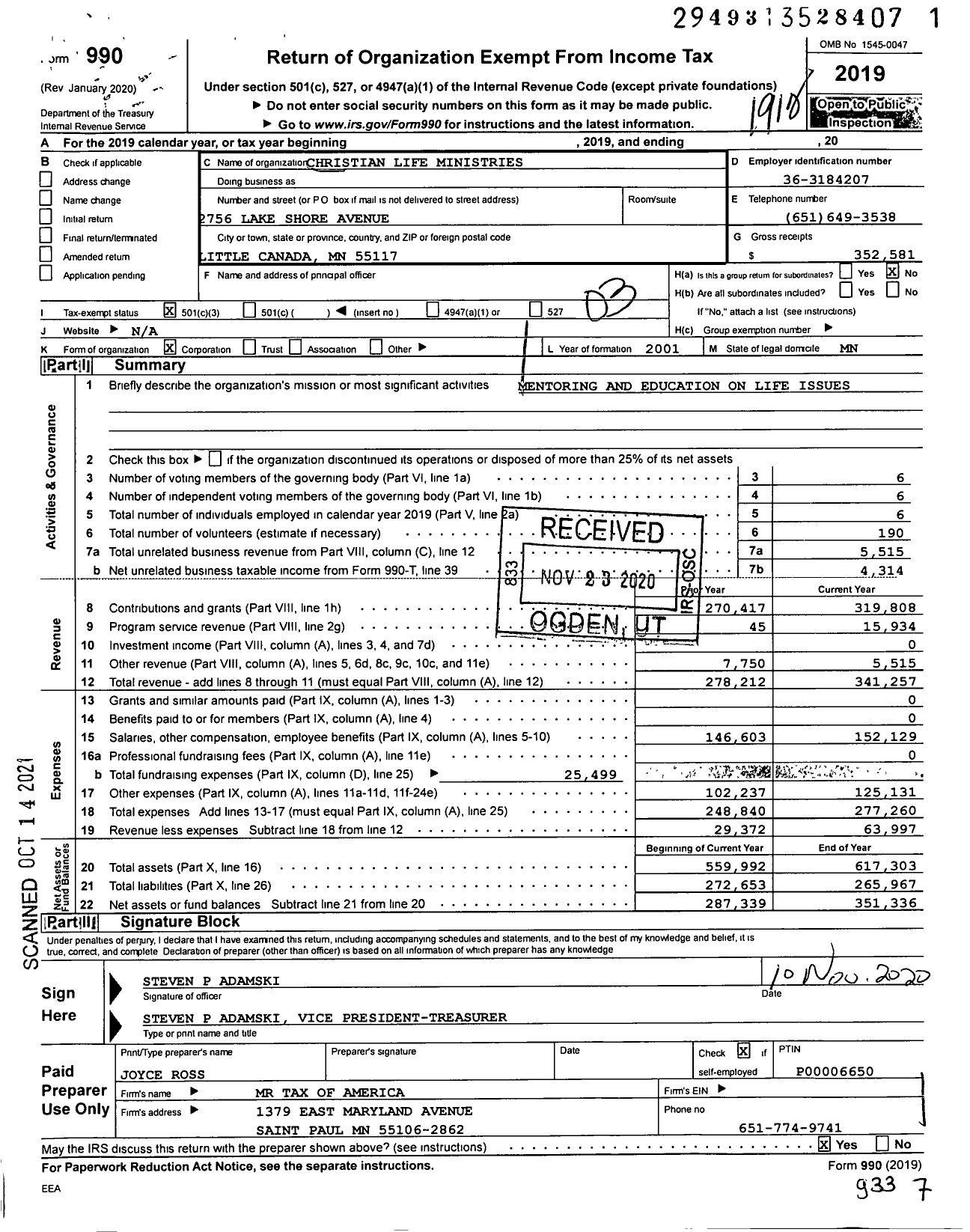 Image of first page of 2019 Form 990 for Christian Life Ministries