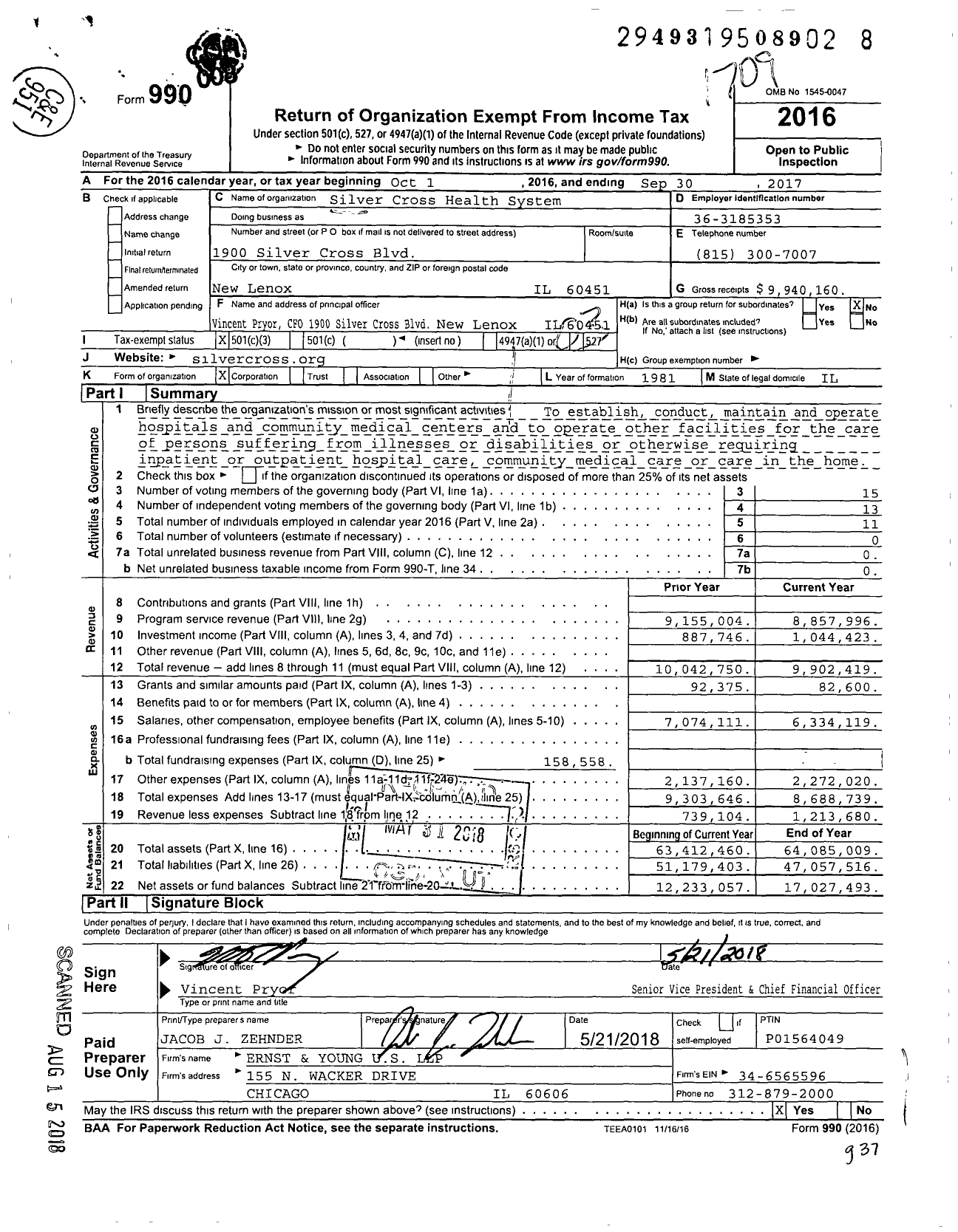 Image of first page of 2016 Form 990 for Silver Cross Hospital