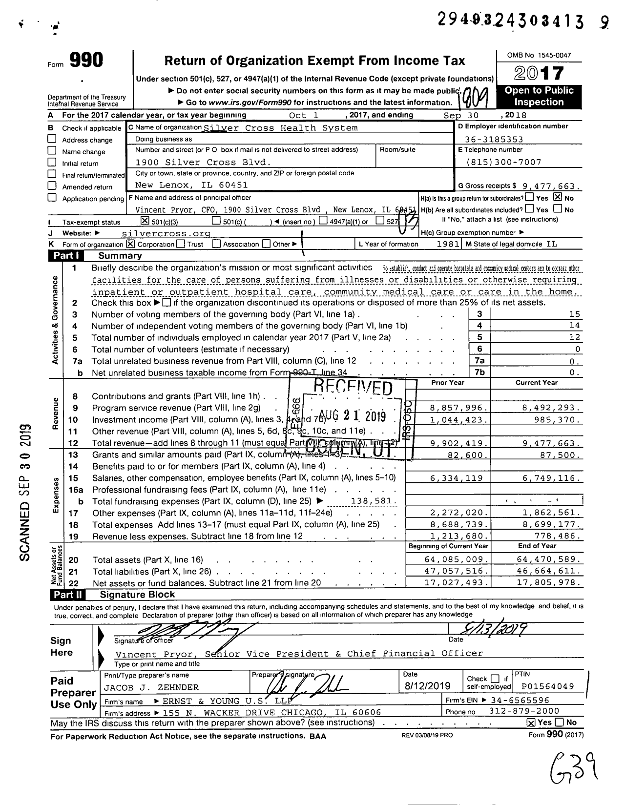 Image of first page of 2017 Form 990 for Silver Cross Hospital