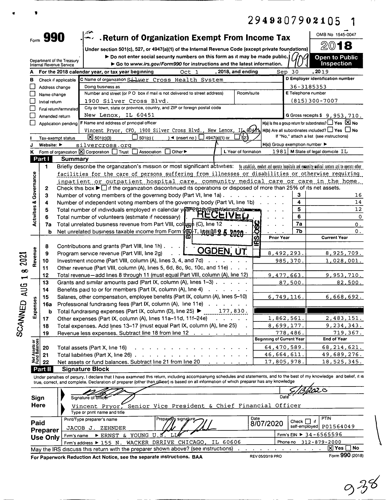 Image of first page of 2018 Form 990 for Silver Cross Hospital