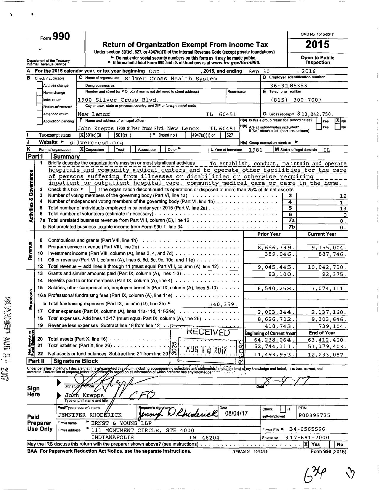 Image of first page of 2015 Form 990 for Silver Cross Hospital