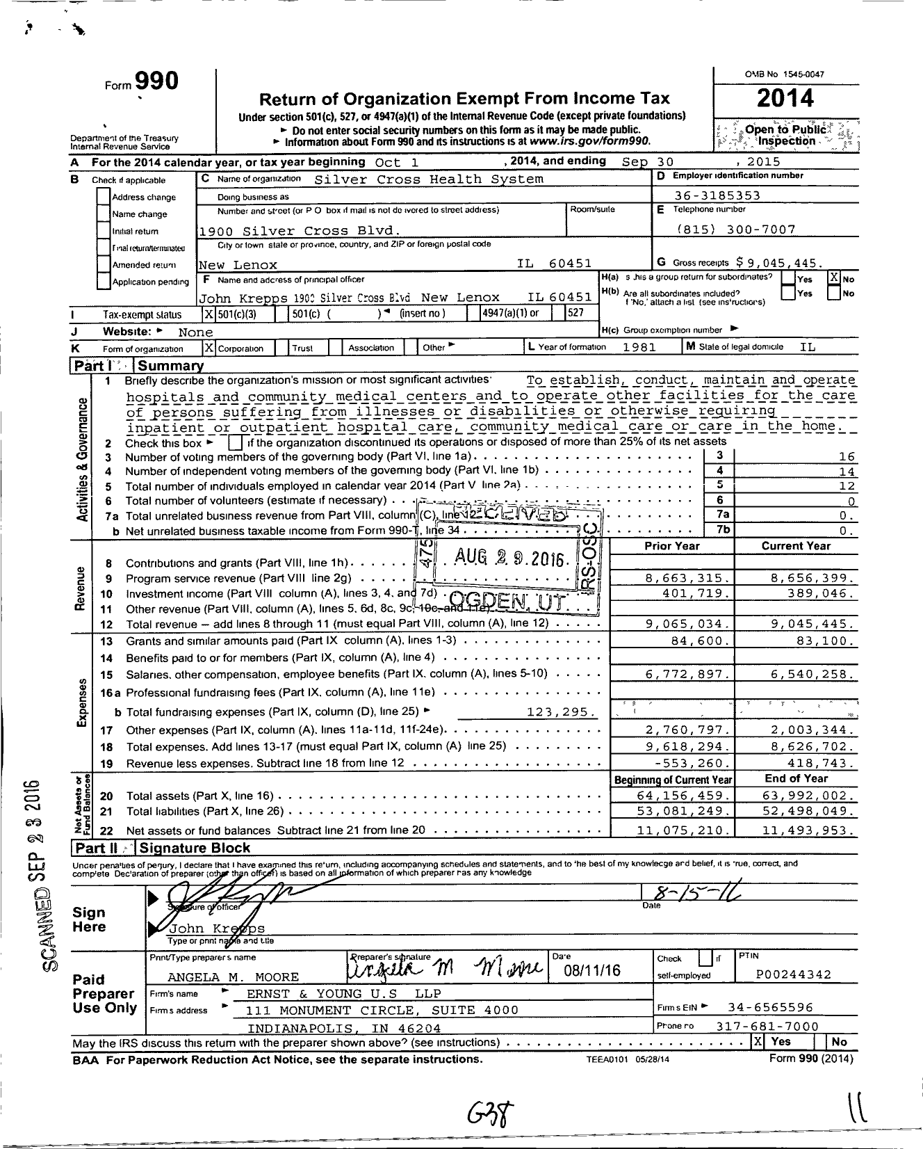 Image of first page of 2014 Form 990 for Silver Cross Hospital