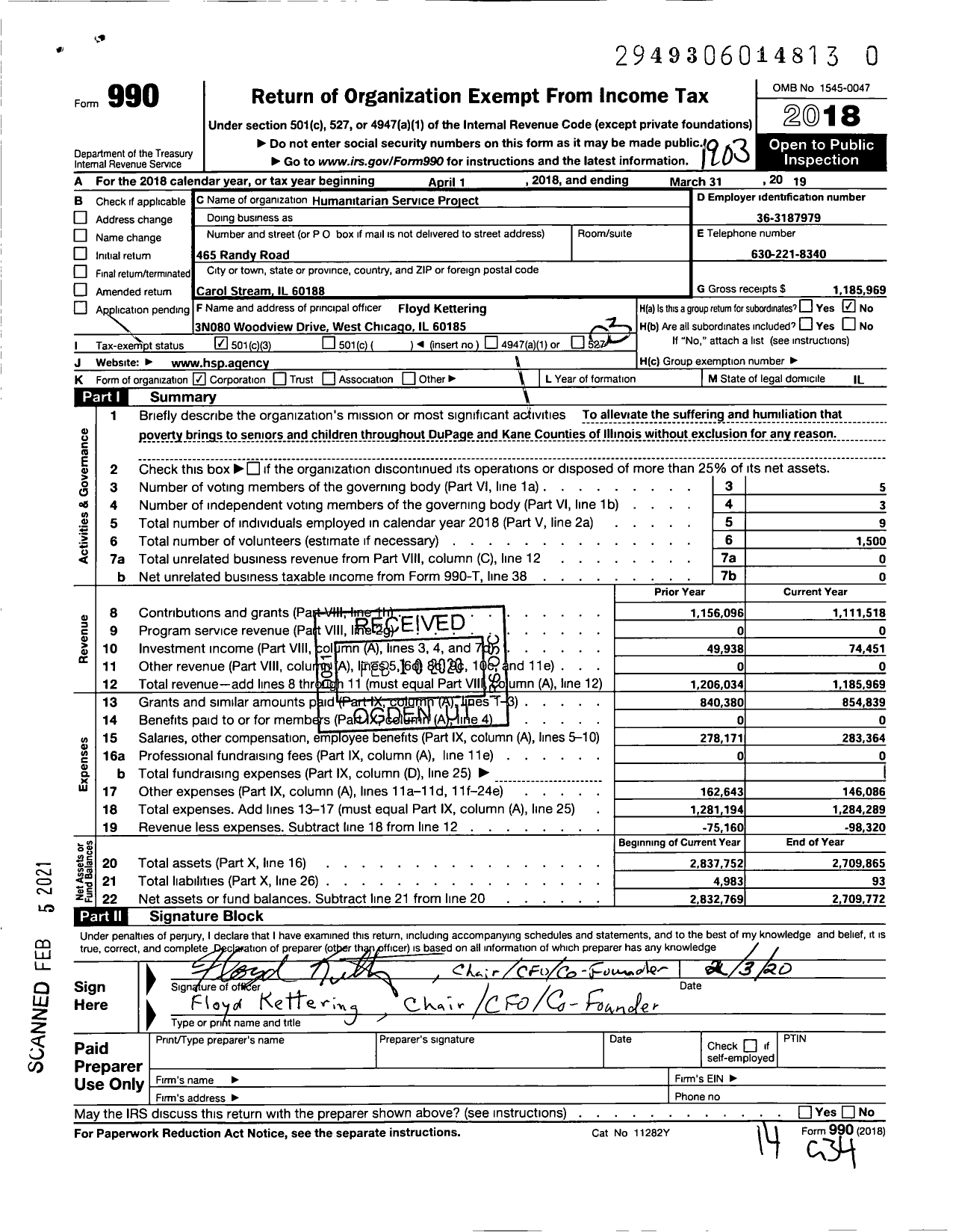 Image of first page of 2018 Form 990 for Humanitarian Service Project (HSP)