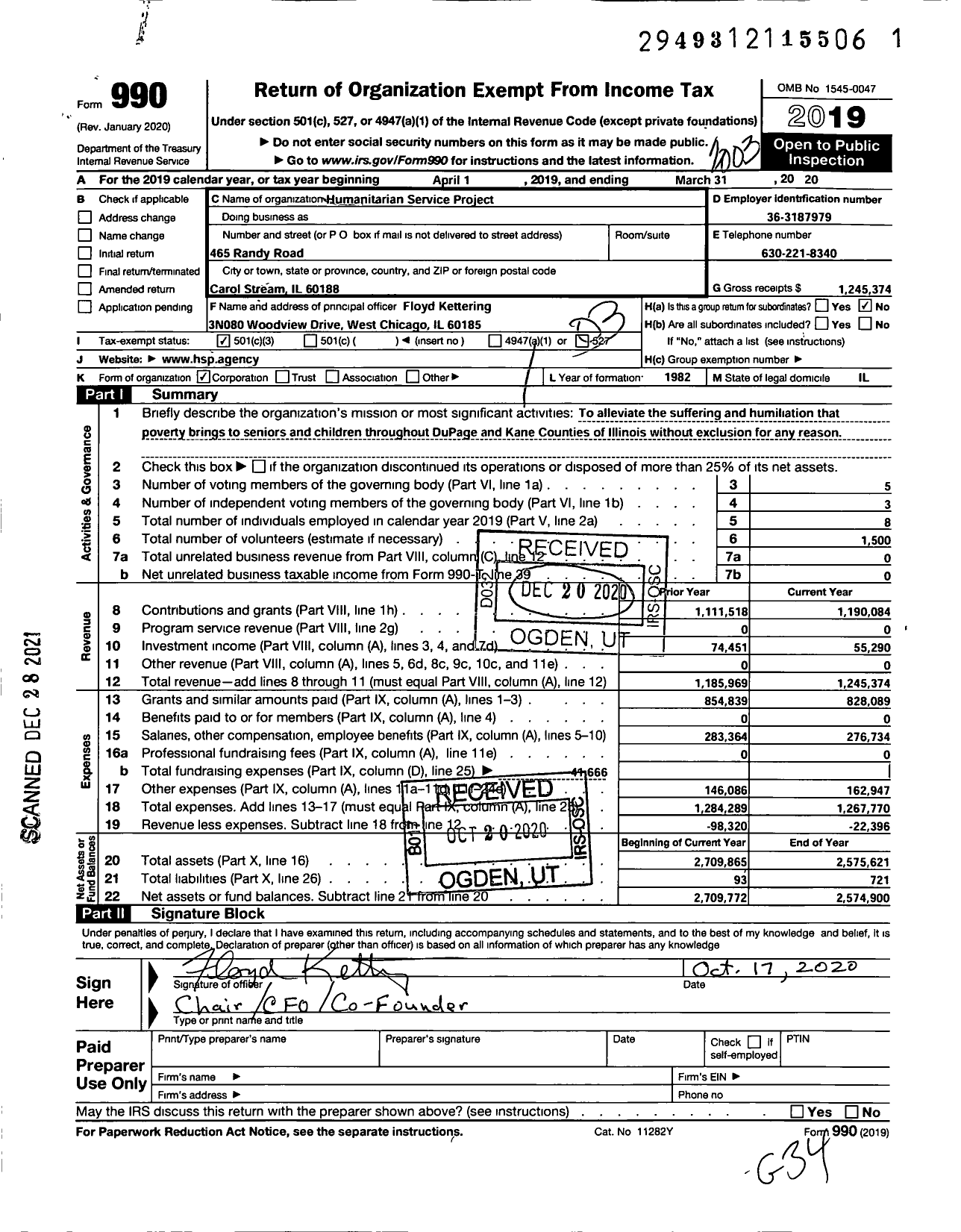 Image of first page of 2019 Form 990 for Humanitarian Service Project (HSP)