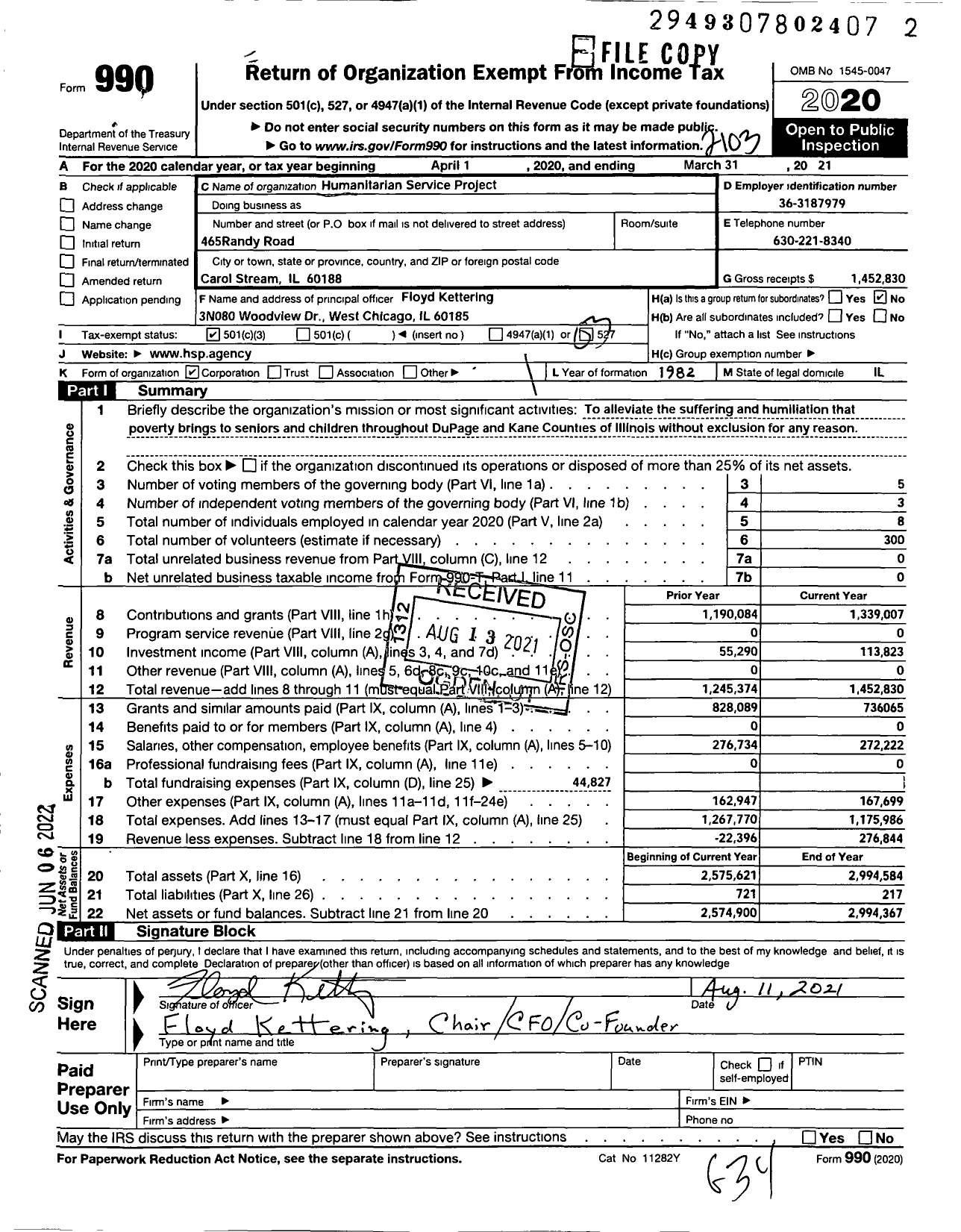 Image of first page of 2020 Form 990 for Humanitarian Service Project (HSP)