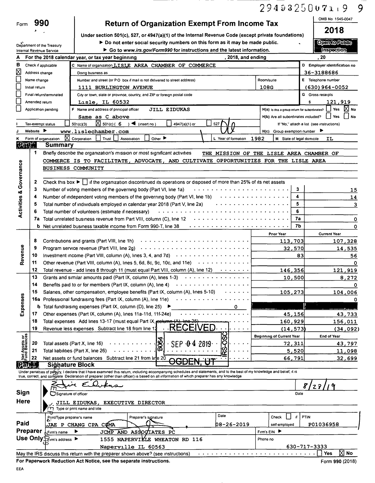 Image of first page of 2018 Form 990O for Lisle Area Chamber of Commerce