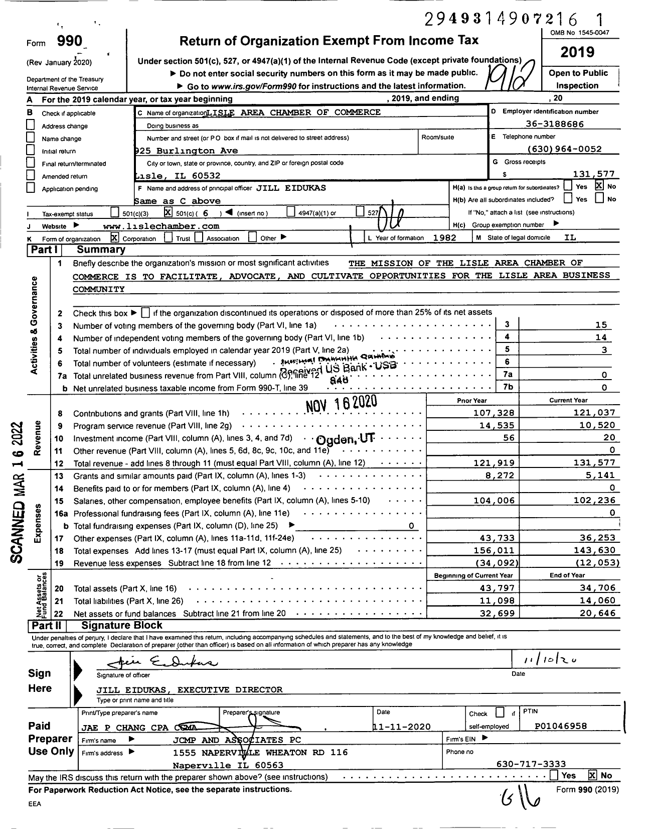 Image of first page of 2019 Form 990O for Lisle Area Chamber of Commerce