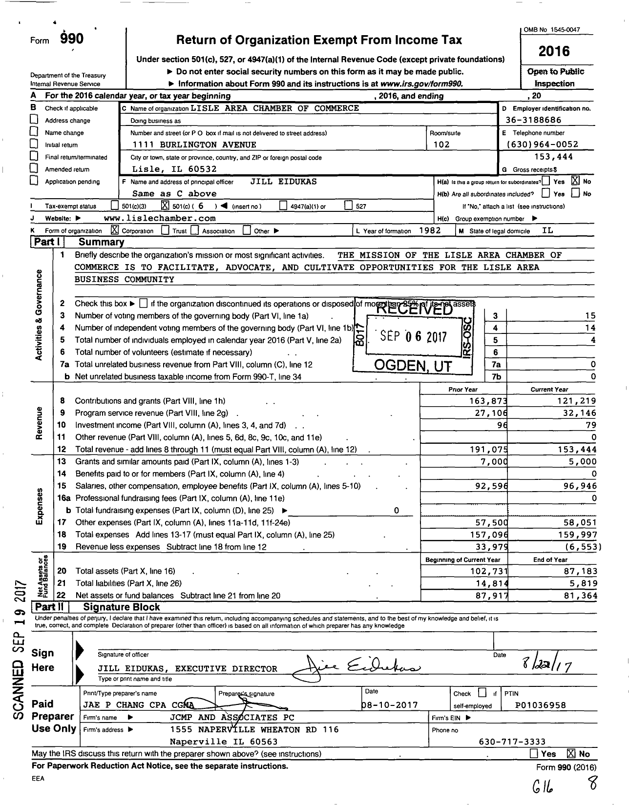 Image of first page of 2016 Form 990O for Lisle Area Chamber of Commerce