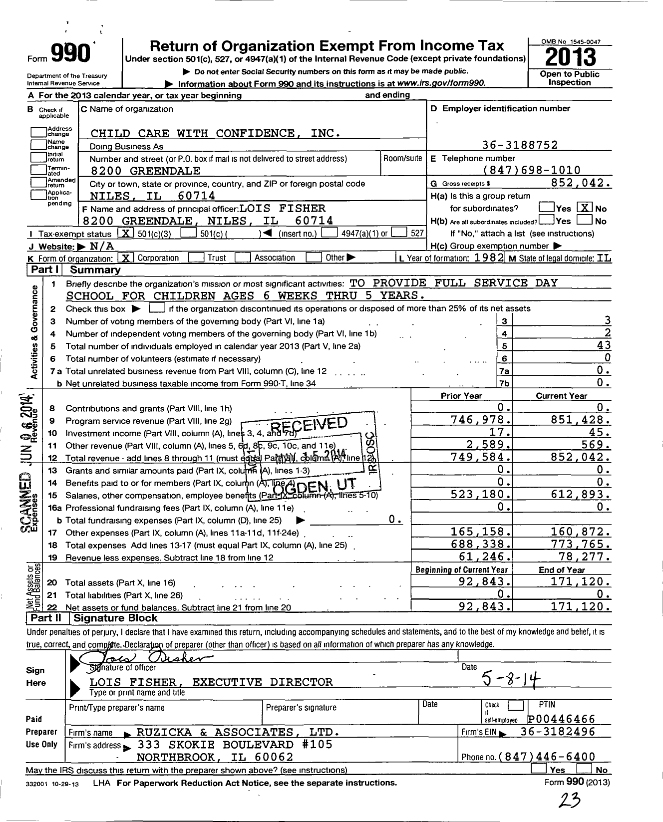 Image of first page of 2013 Form 990 for Child Care with Confidence