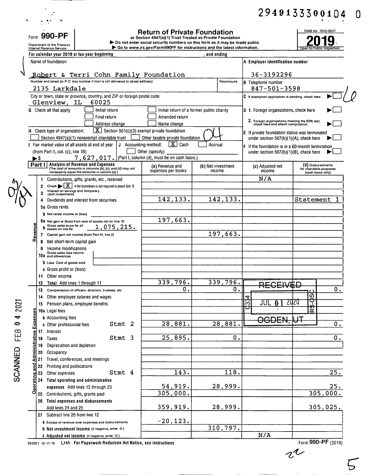 Image of first page of 2019 Form 990PF for Robert & Terri Cohn Family Foundation