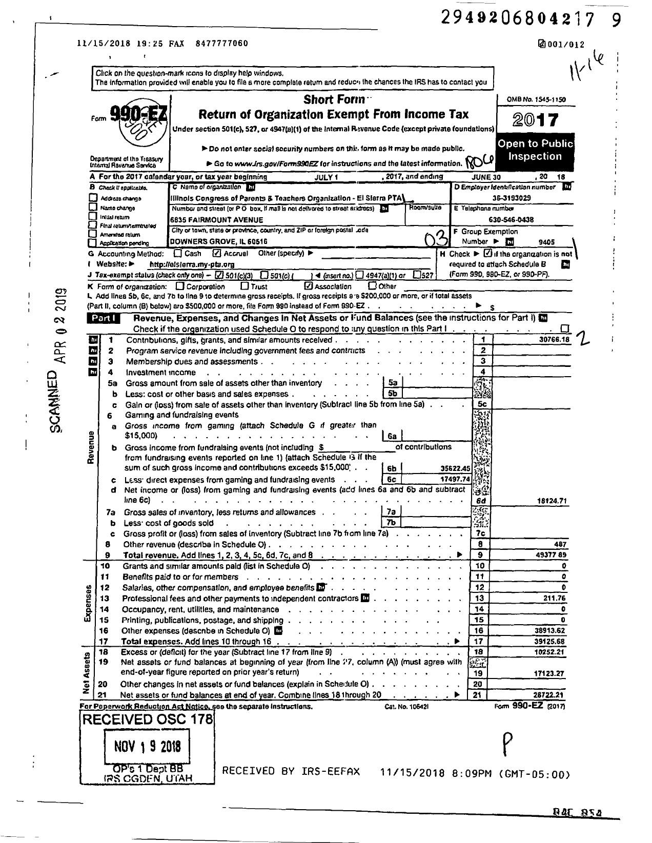 Image of first page of 2017 Form 990EZ for ILLInois PTA - EL SIERRA PTA