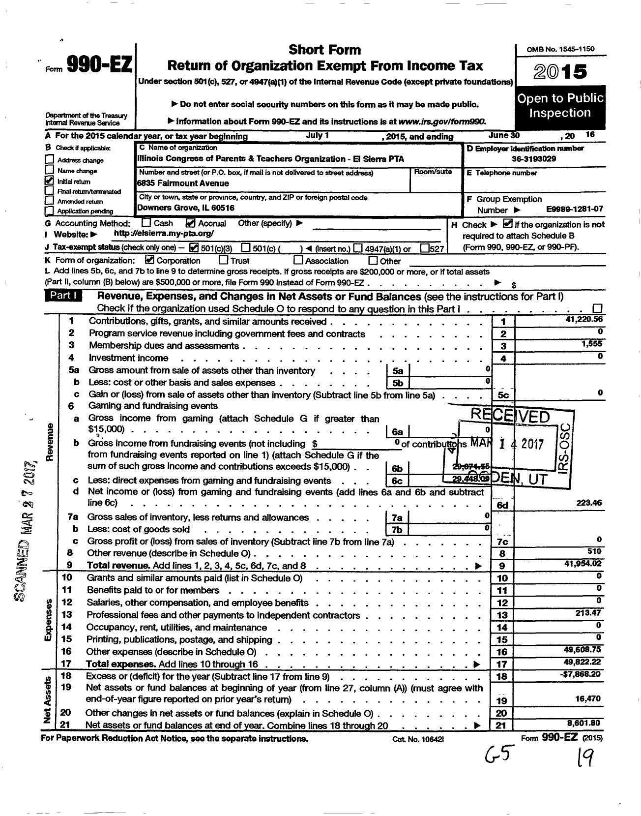 Image of first page of 2015 Form 990EZ for ILLInois PTA - EL SIERRA PTA