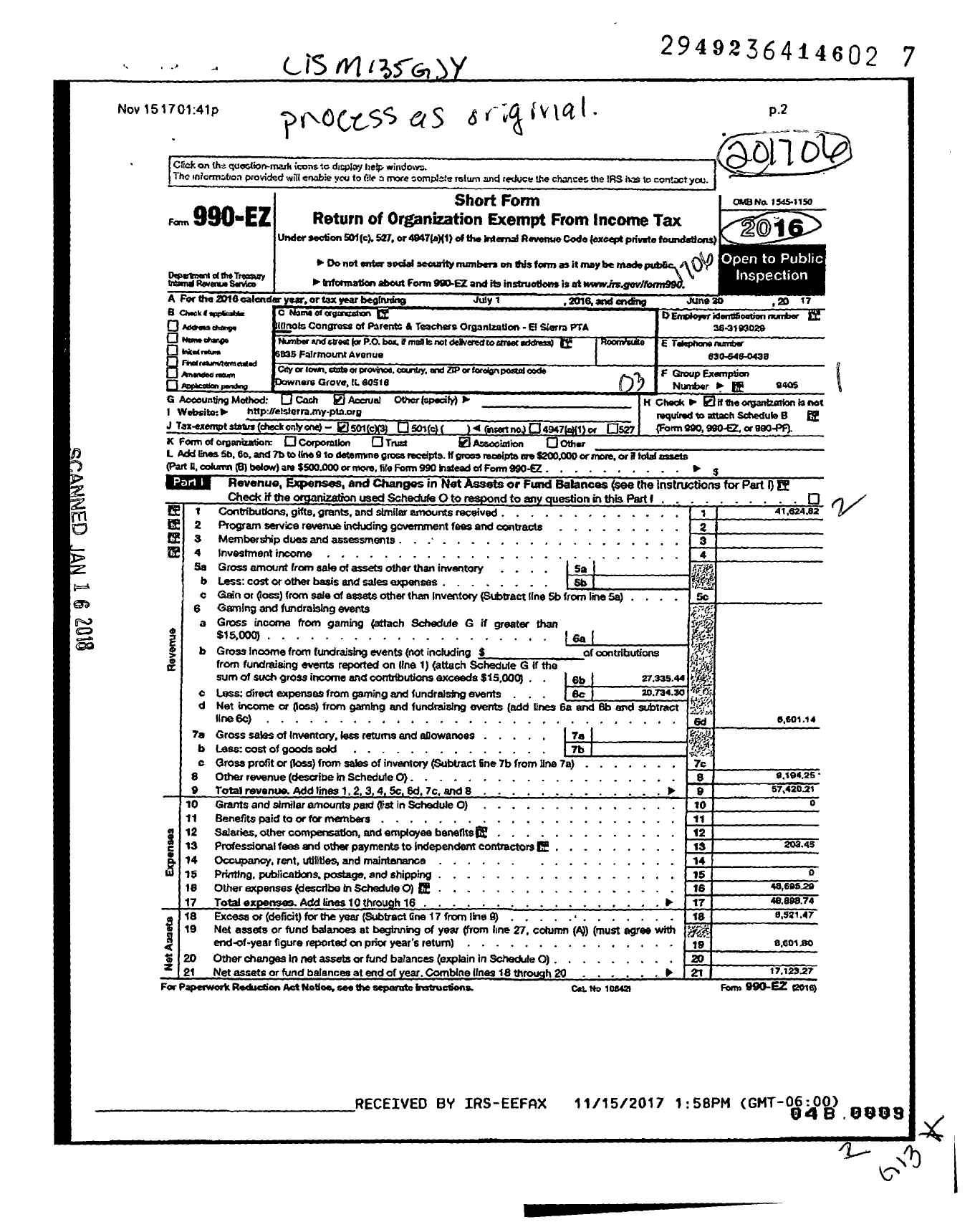 Image of first page of 2016 Form 990EZ for ILLInois PTA - EL SIERRA PTA