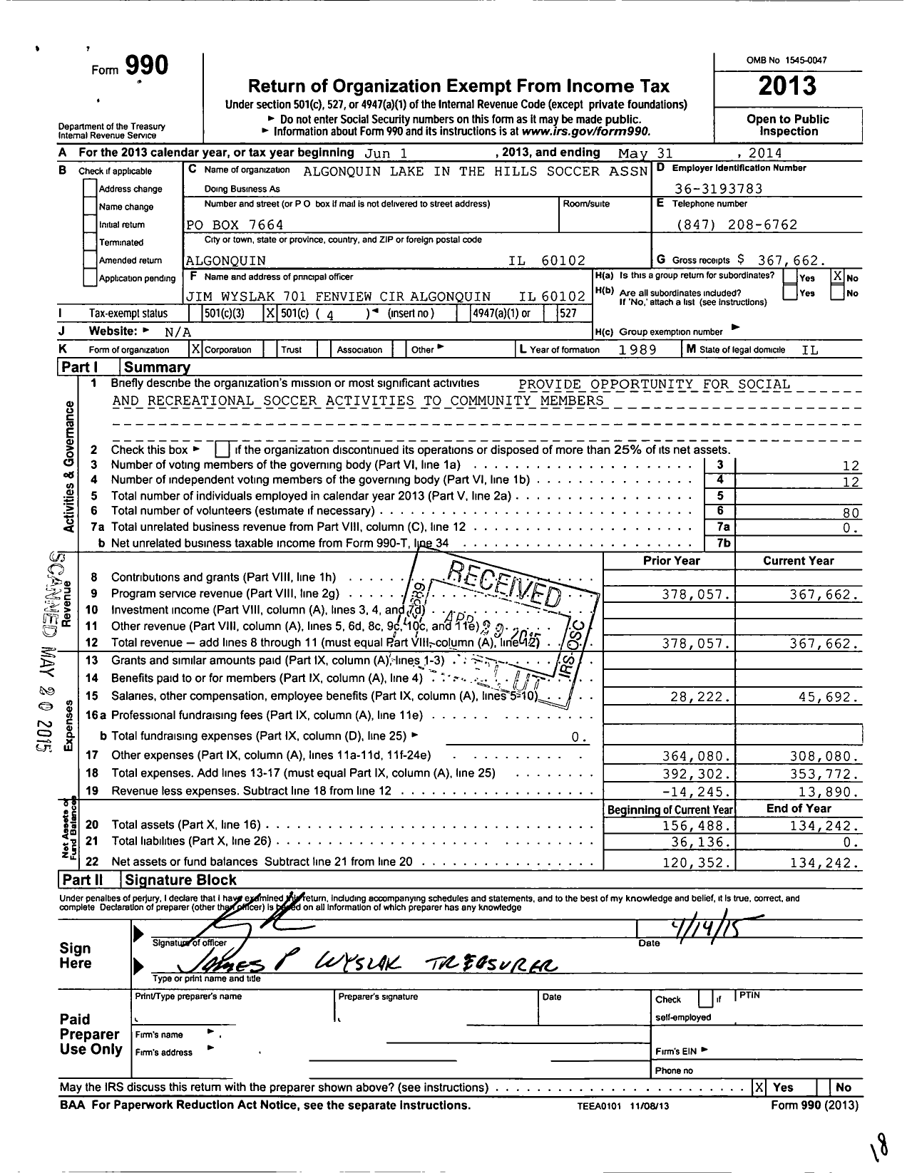 Image of first page of 2013 Form 990O for Algonquin Lake in the Hills Soccer Association