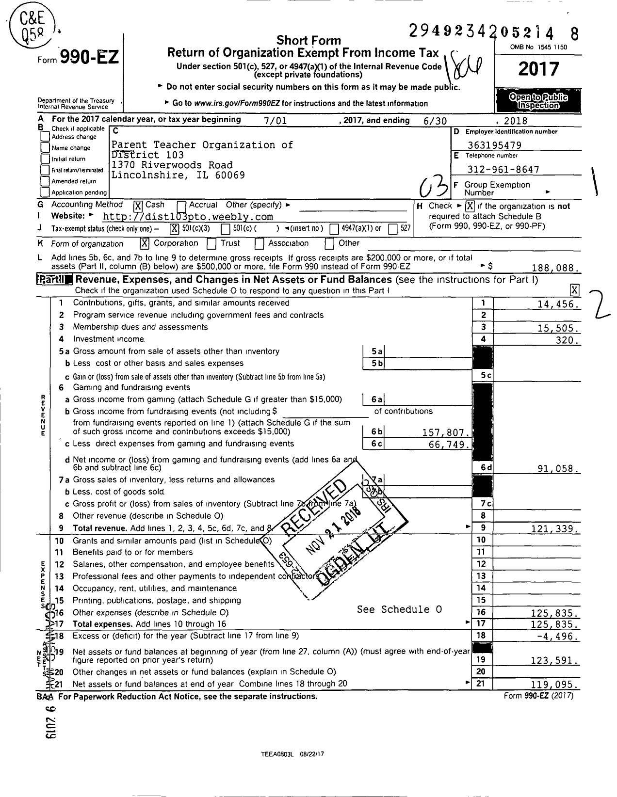 Image of first page of 2017 Form 990EZ for Parent Teacher Organization of District 103