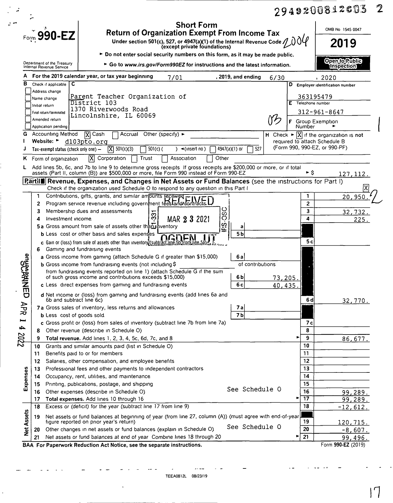 Image of first page of 2019 Form 990EZ for Parent Teacher Organization of District 103