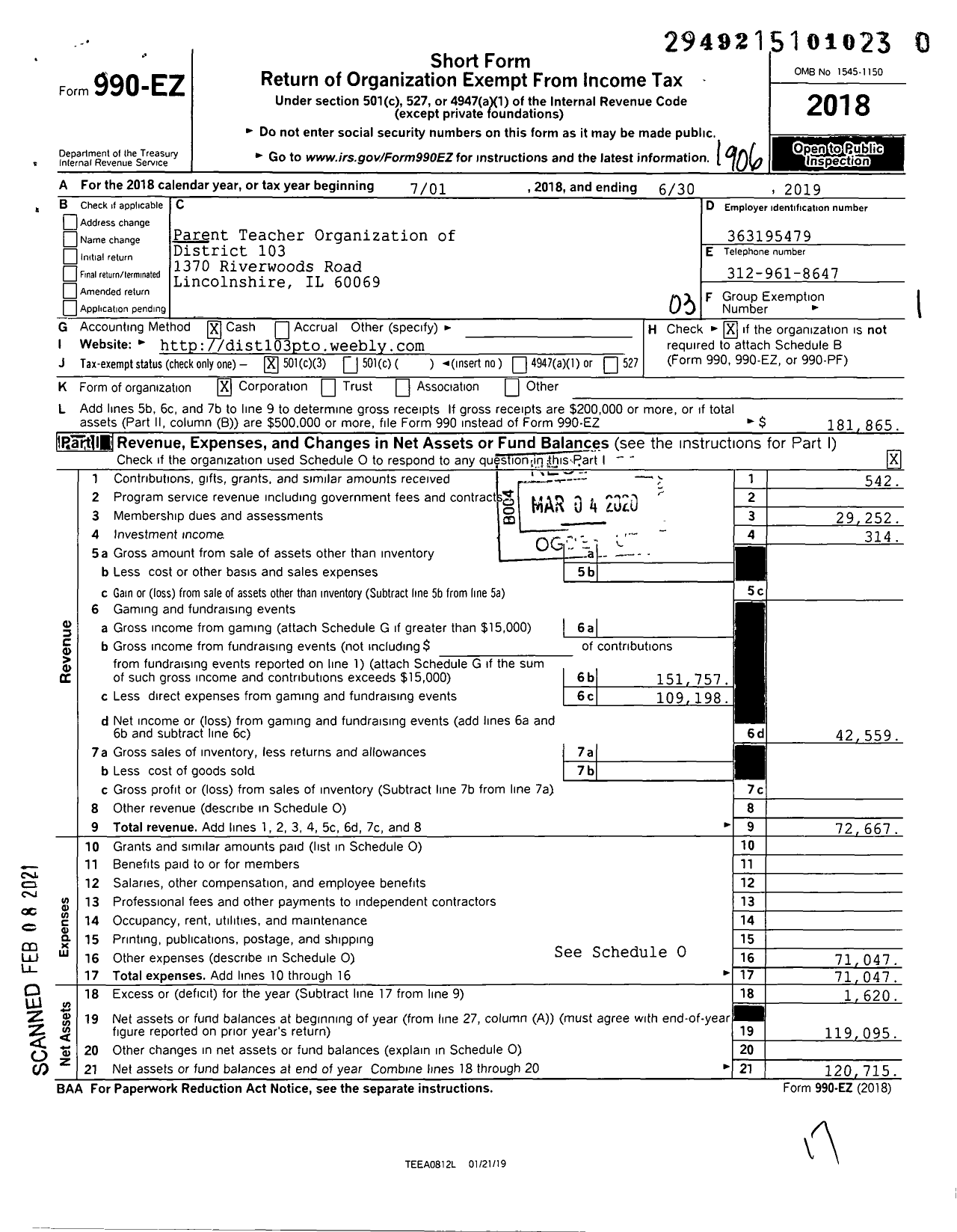 Image of first page of 2018 Form 990EZ for Parent Teacher Organization of District 103