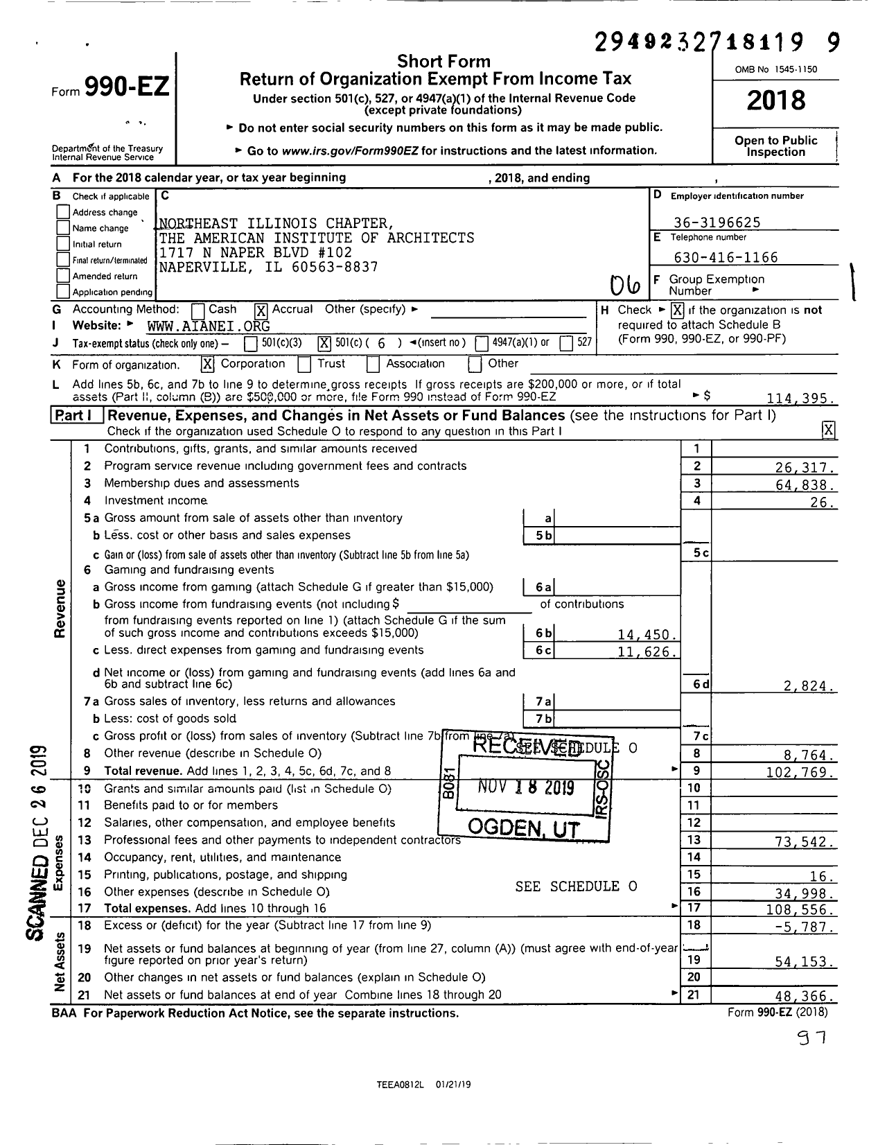 Image of first page of 2018 Form 990EO for Northeast Illinois Chapter The American Institute of Architects