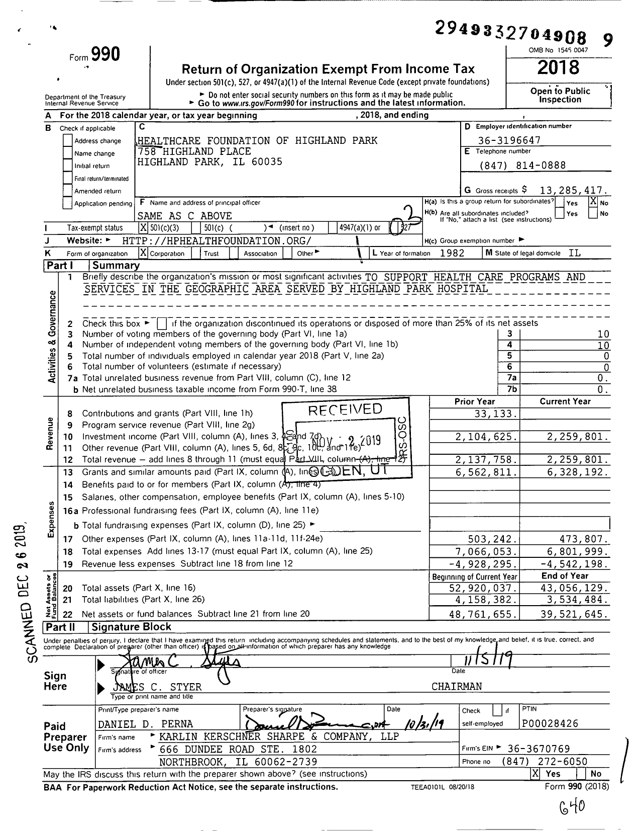 Image of first page of 2018 Form 990 for Healthcare Foundation of Highland Park