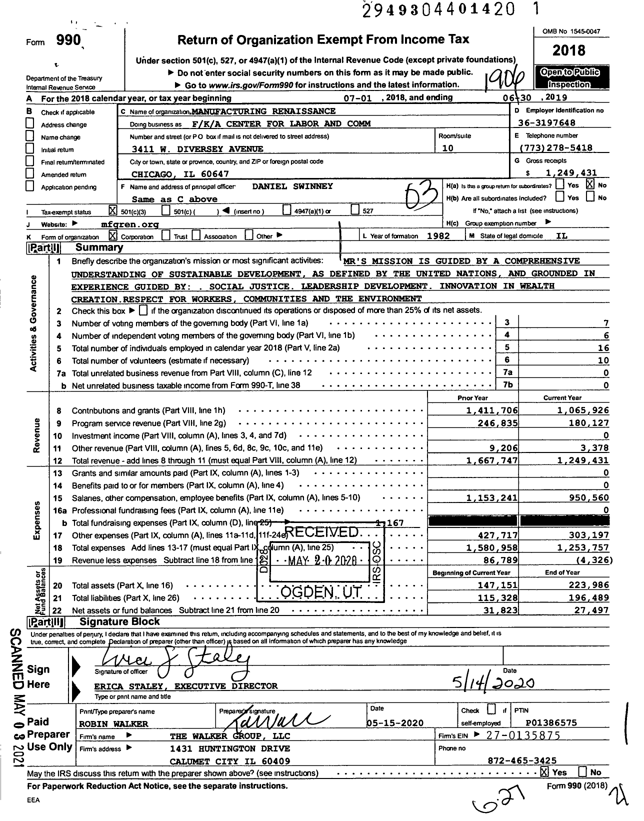 Image of first page of 2018 Form 990 for Manufacturing Renaissance