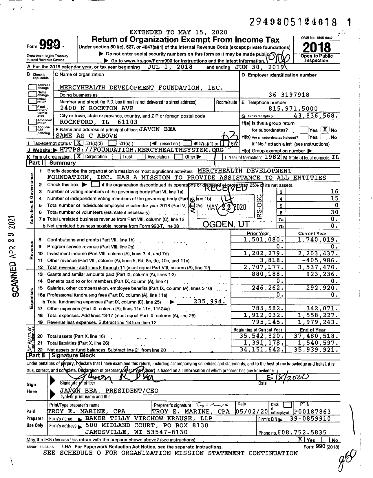 Image of first page of 2018 Form 990 for Mercyhealth Development Foundation