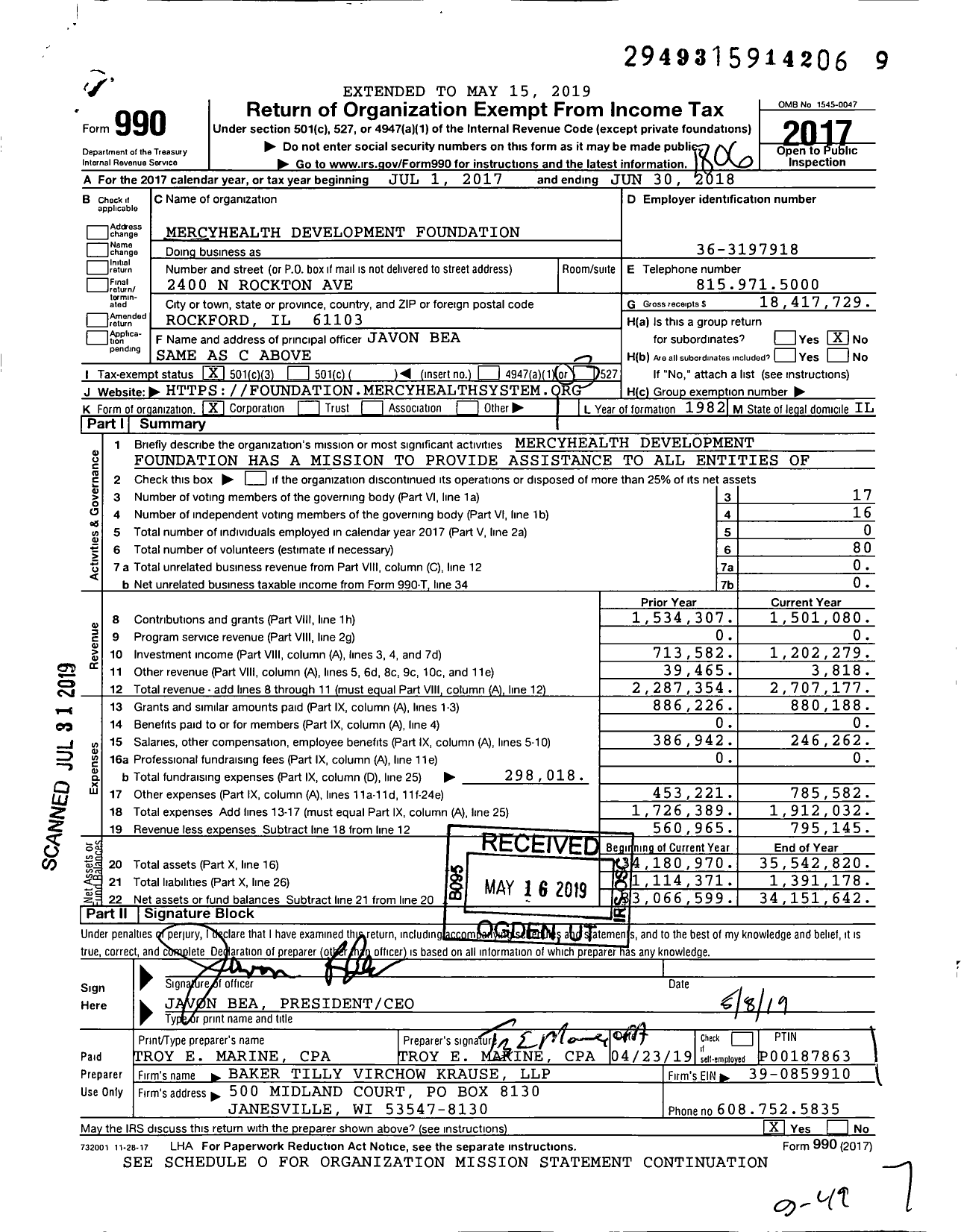 Image of first page of 2017 Form 990 for Mercyhealth Development Foundation