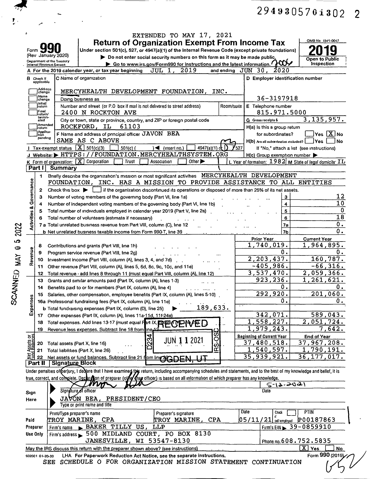 Image of first page of 2019 Form 990 for Mercyhealth Development Foundation