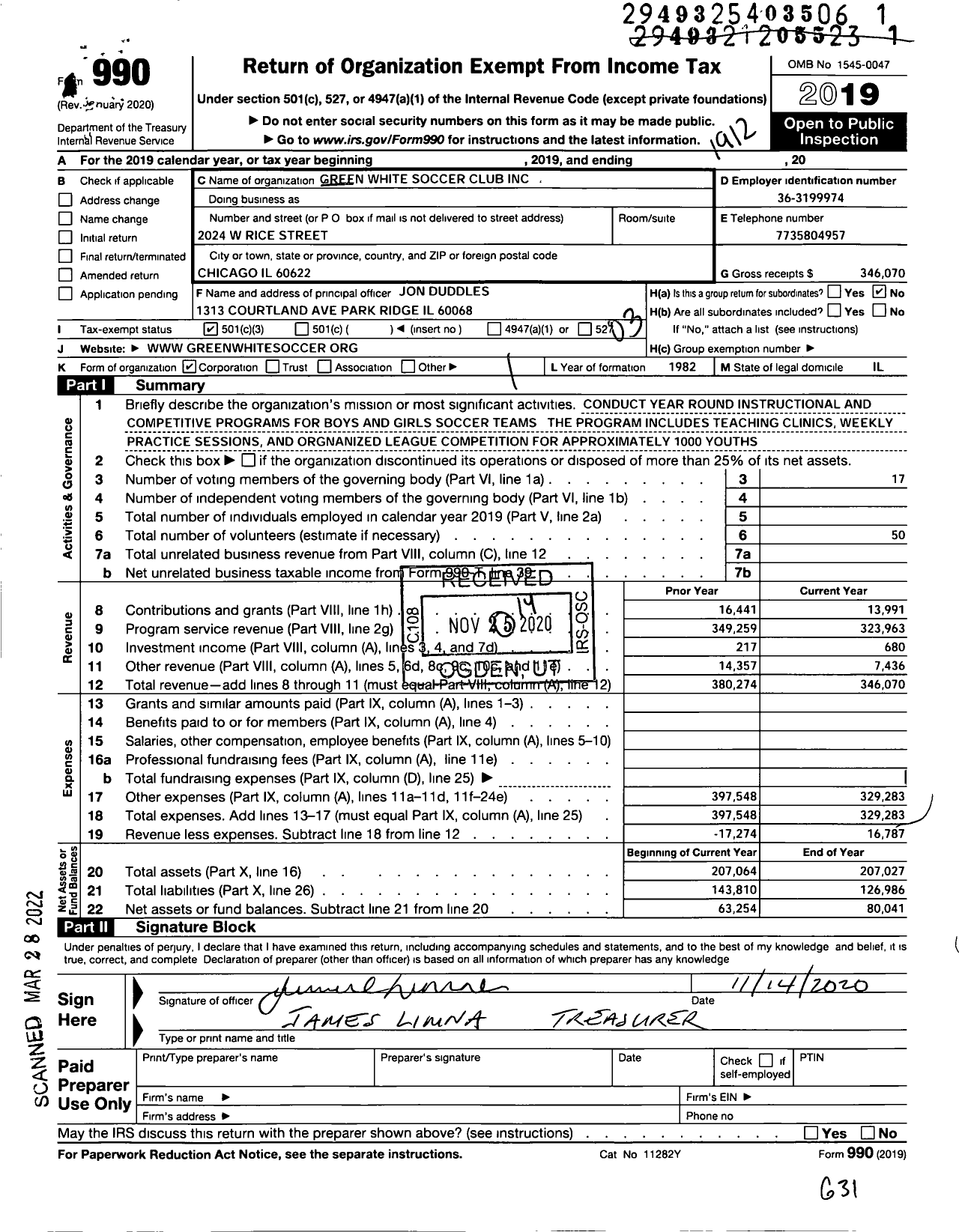 Image of first page of 2019 Form 990 for Green and White Soccer Club