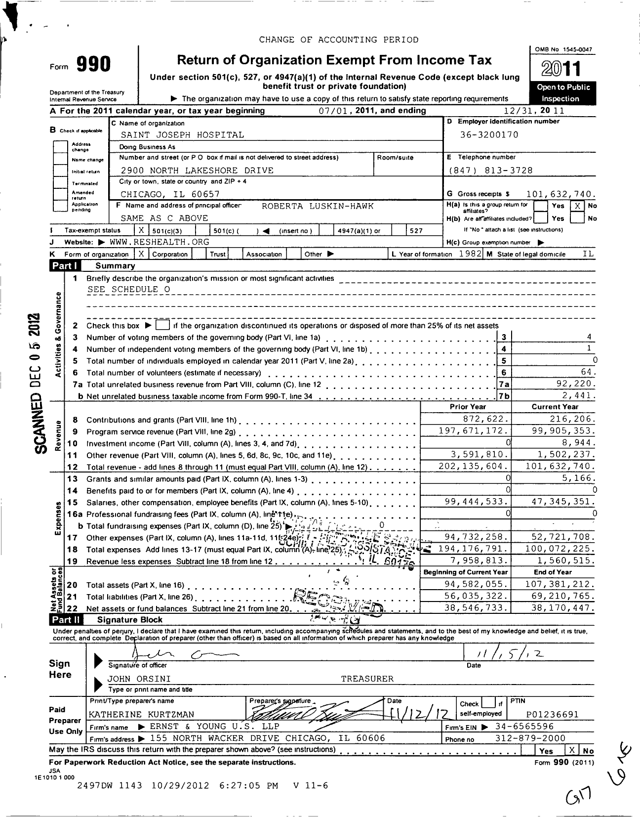Image of first page of 2011 Form 990 for Presence Saint Joseph Hospital Chicago
