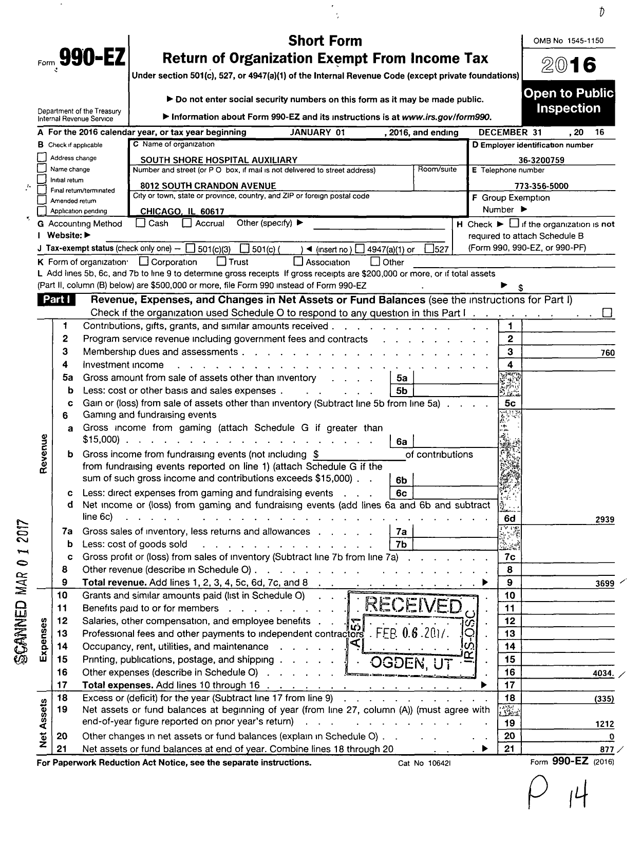 Image of first page of 2016 Form 990EO for South Shore Hospital Auxiliary