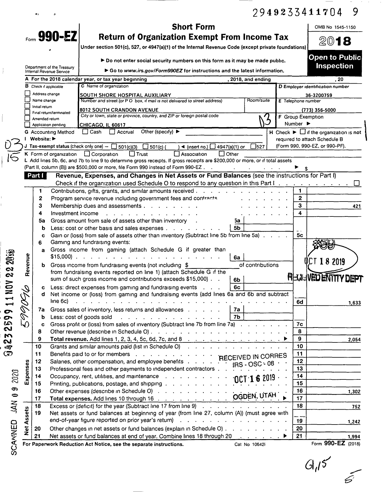 Image of first page of 2018 Form 990EZ for South Shore Hospital Auxiliary